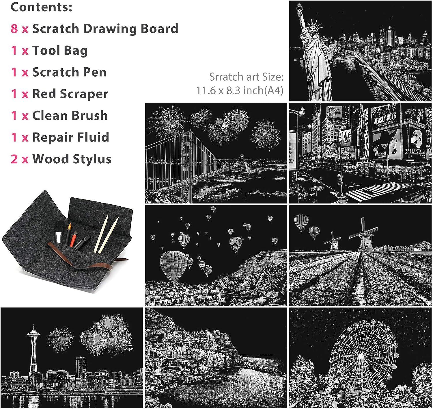 Scratch Art Painting Kits for Adults & Kids, Rainbow Painting Sketch Night View Scratchboard(A4), Crafts Set: 8 Sheets Scratch Cards with 6 Tools in