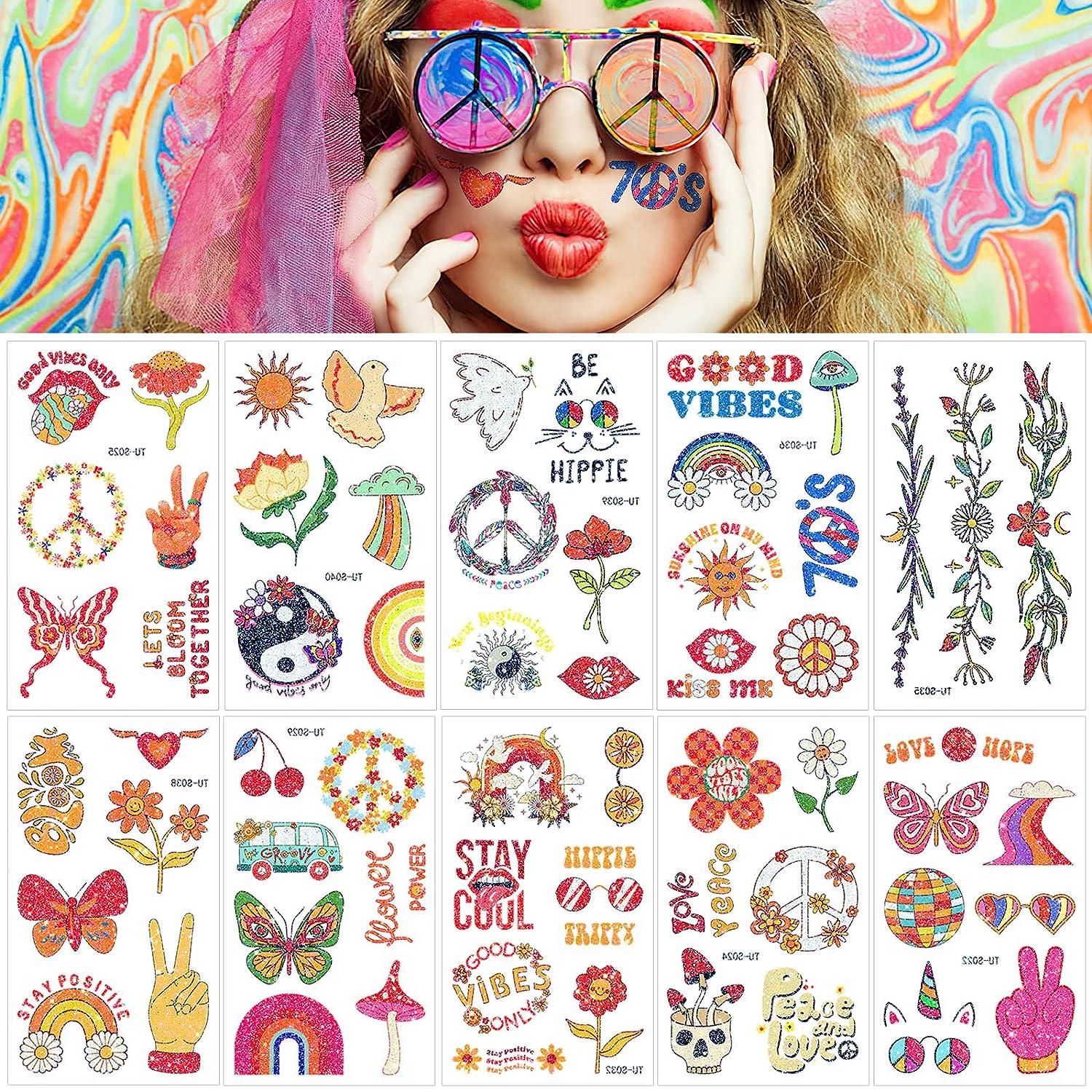 FANOST Glitter Hippie Temporary Tattoos for Kids 20 Sheets Assorted Groovy  70s Love and Peace Design Tattoos Stickers Waterproof Fake Tie Dye  Temporary Tattoos for Girls Body Decoration Party Favors