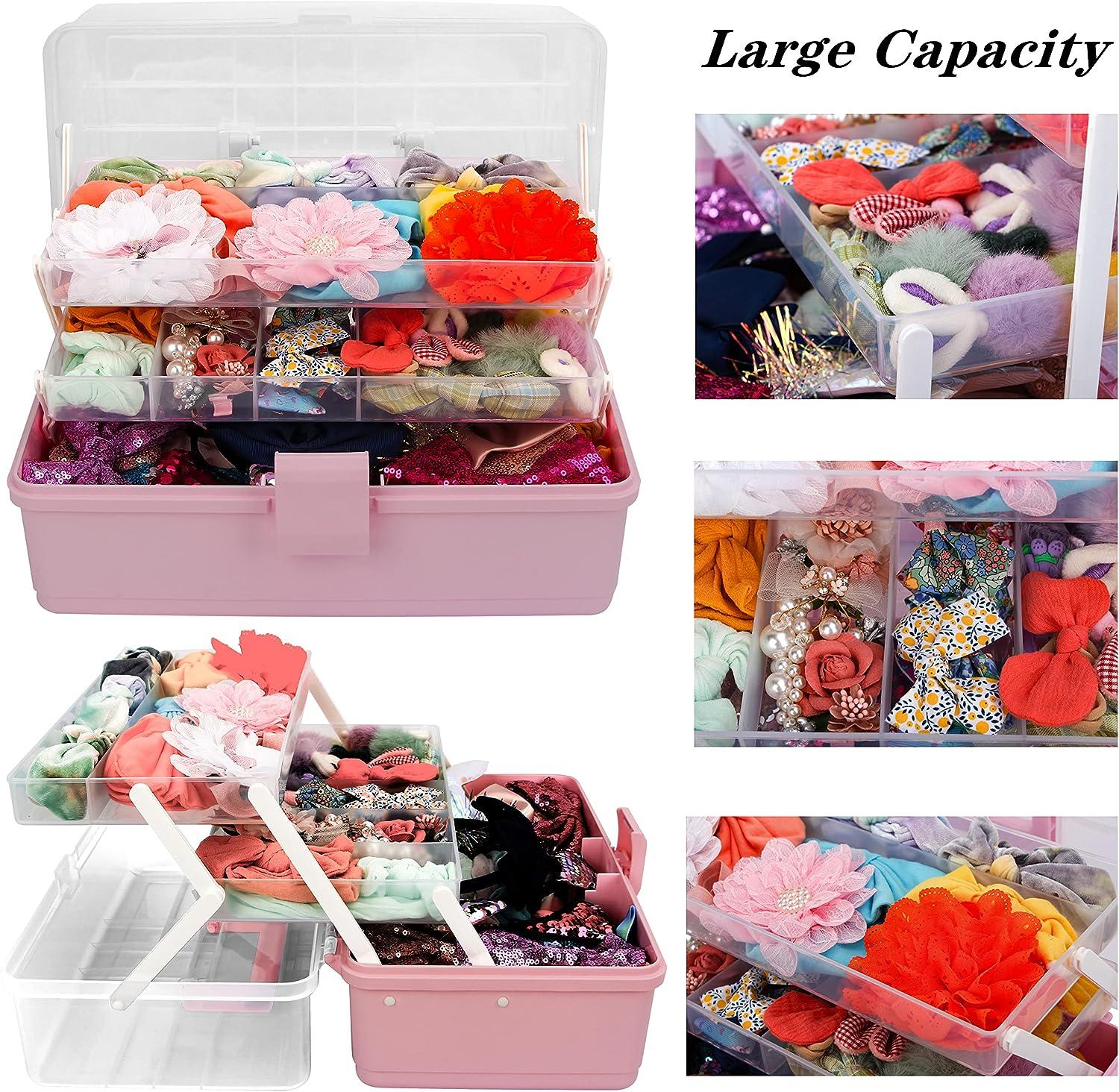 Cute Girls Hair Accessories Storage Organizer Box with Stickers, 3-Layers Plastic Hair Ties Holder Hair Clips Container Headbands Organizer Gift for