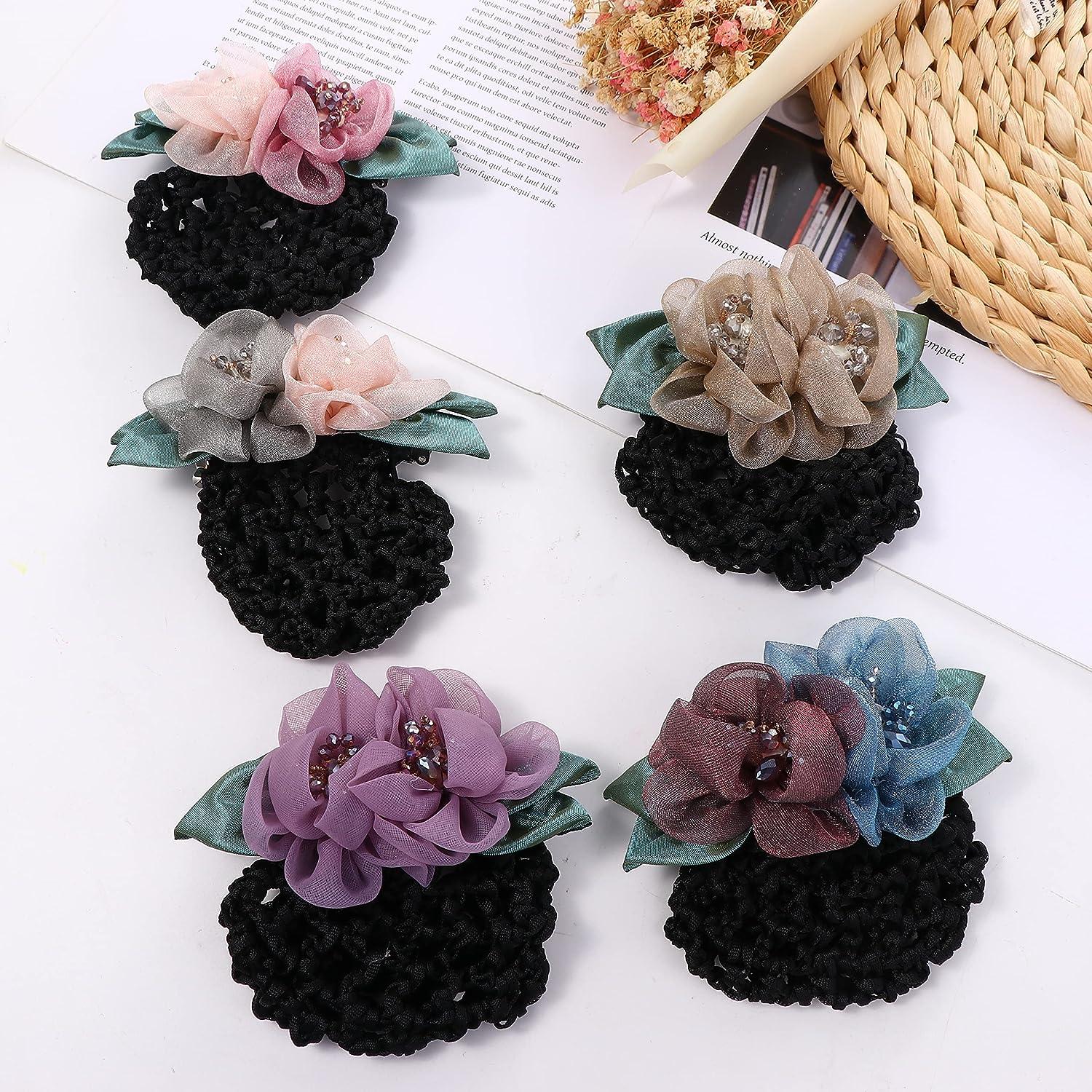 Women Hair Bun Net Snood Crochet Net Bun Hair Cover Flower Decor