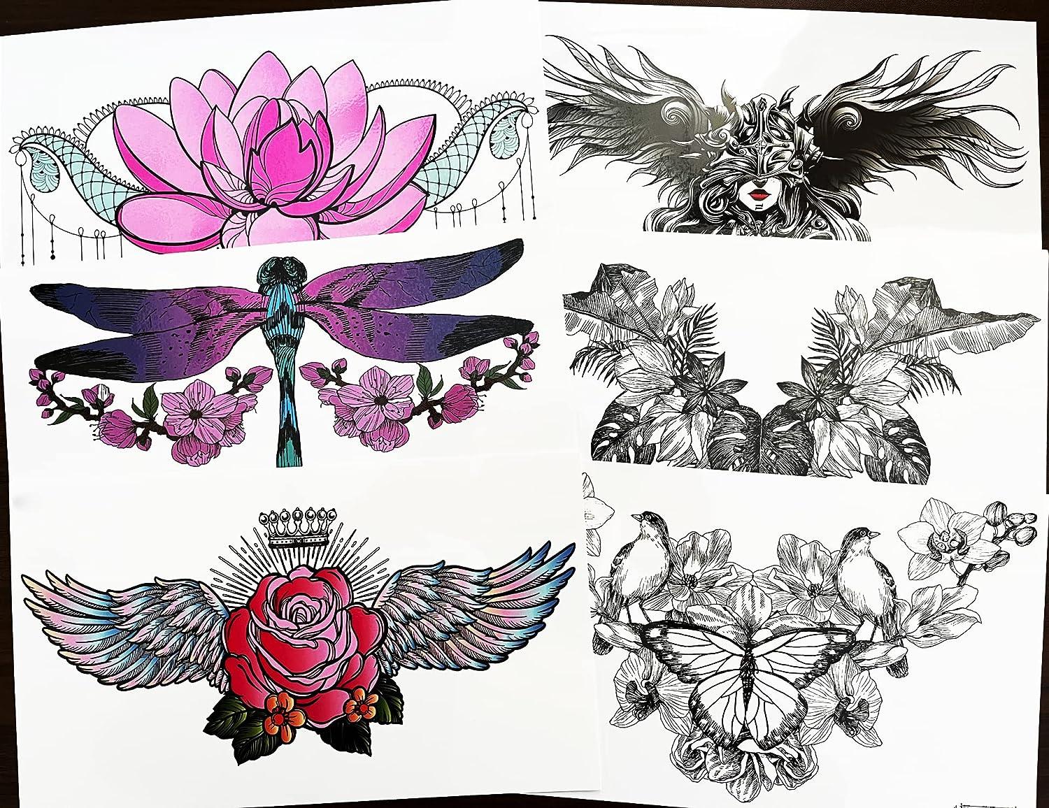 Kotbs 6 Sheets Temporary Chest Tattoos For Women Dragonfly Butterfly Flower Wings Underboob 2849