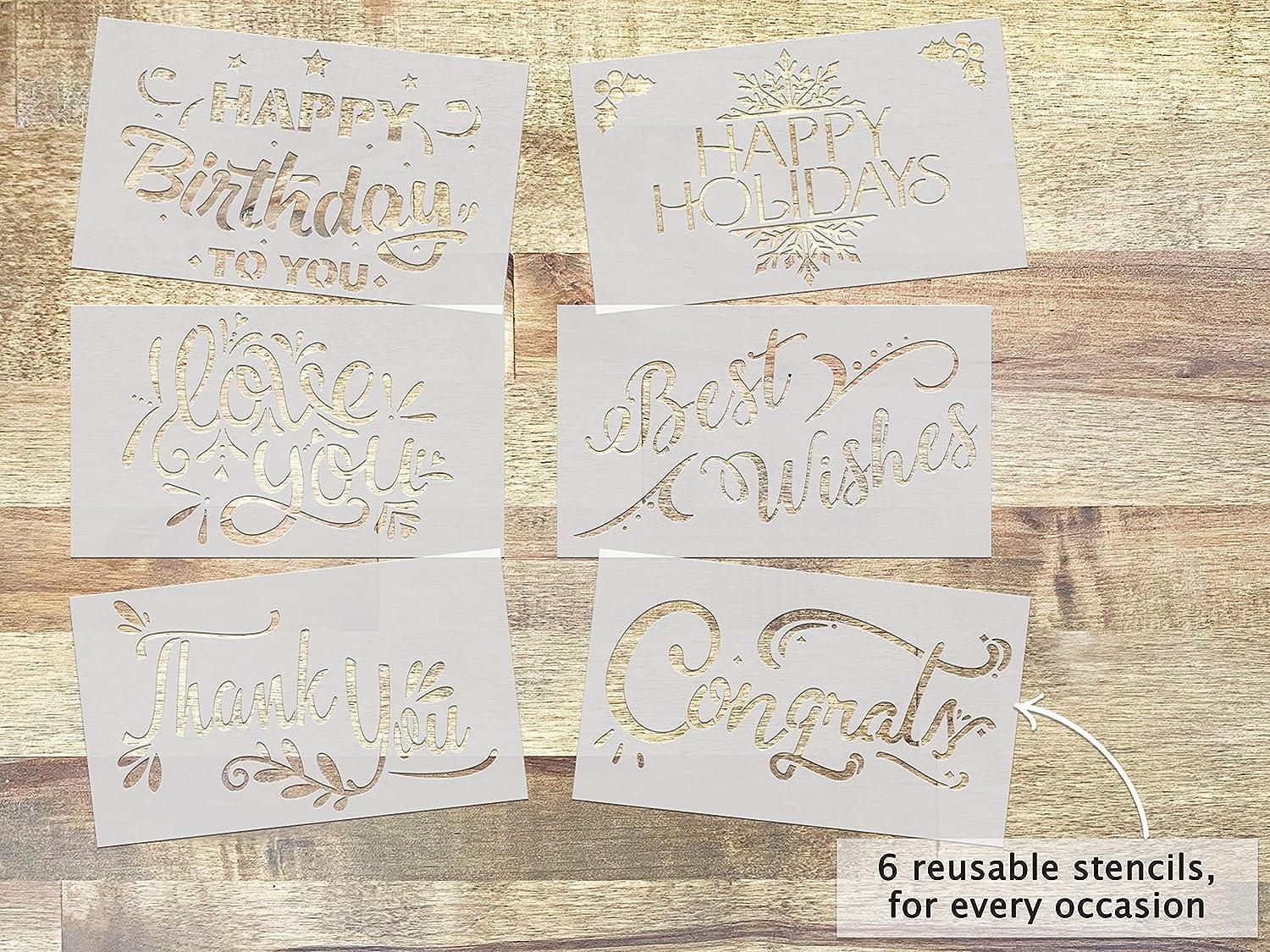 HAND INKED Card Making Kit. DIY Greeting Card Stencil Set. Stationary Box  with Card Making Supplies. Includes 50 Blank Cards, 50 Envelopes, 6  Stencils and 5 Brush Pens