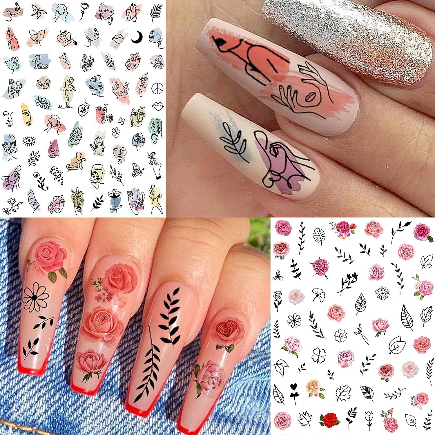 Graffiti Fun Nail Art Stickers, Abstract Nail Decals 3D Self-Adhesive  Abstract Lady Face Rose Leaf Nail Design Manicure Tips Nail Decoration for  Women