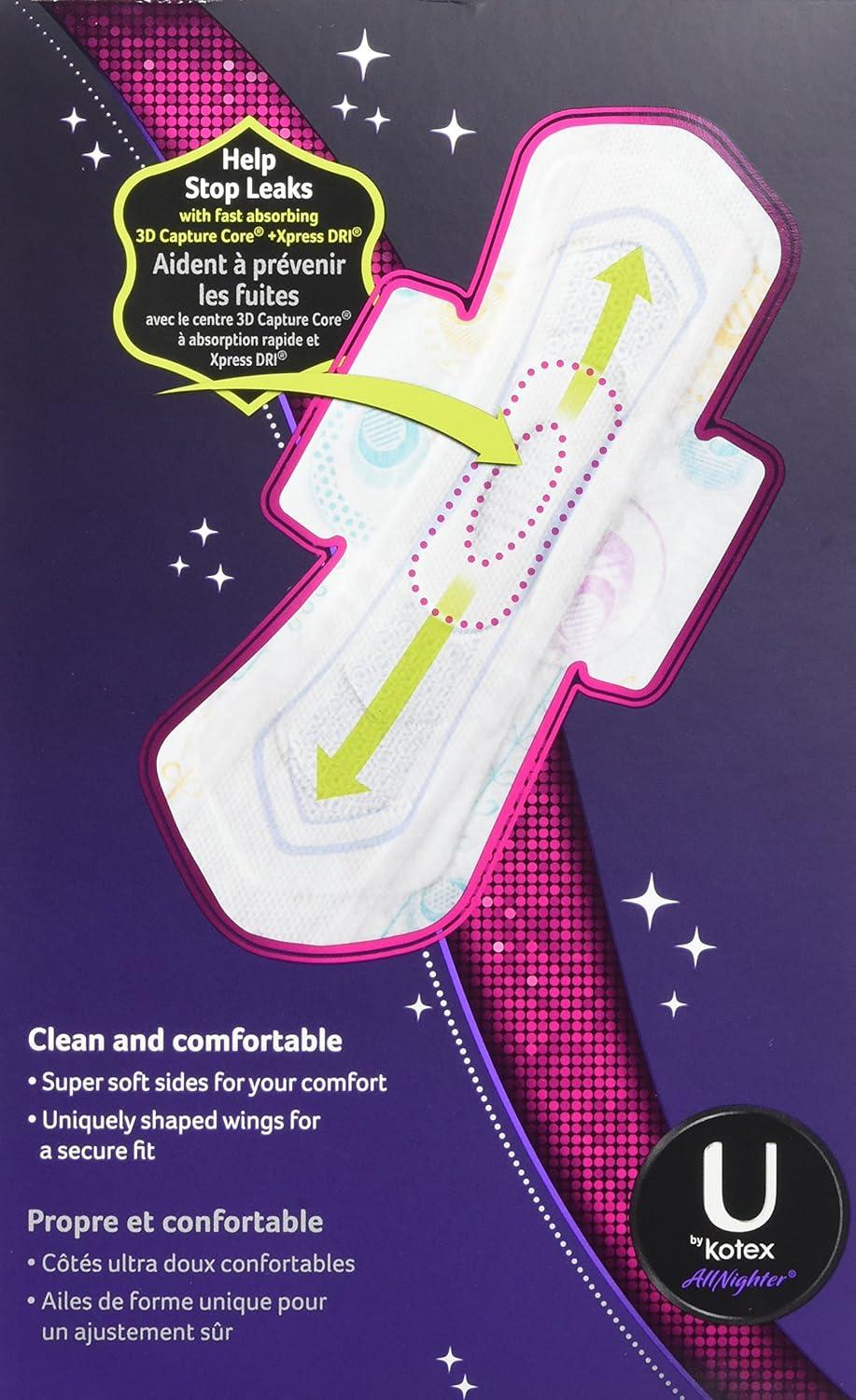 U by Kotex AllNighter Ultra Thin Overnight Pads with Wings, Extra Heavy  Flow, Unscented, 24 Count, Health & Personal Care