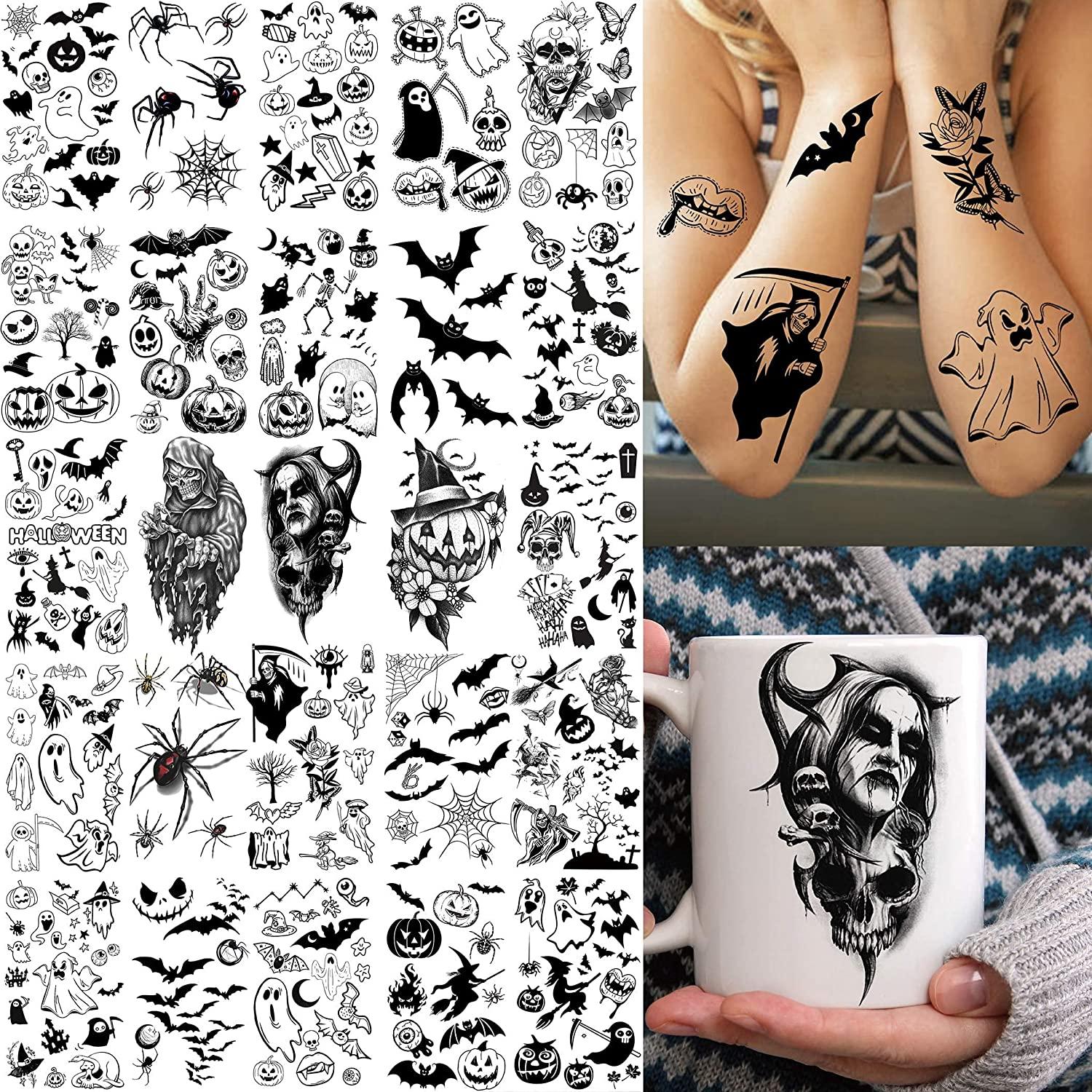 Shegazzi 52 Sheets Halloween Temporary Tattoos For Kids Boys Girls Women  Men 3D Scary Skull Skeleton Fake Tattoos Sticker For Adults Small Ghost  Vampire Bat Pumpkin Spider Temp Transfer Tatoos Devil