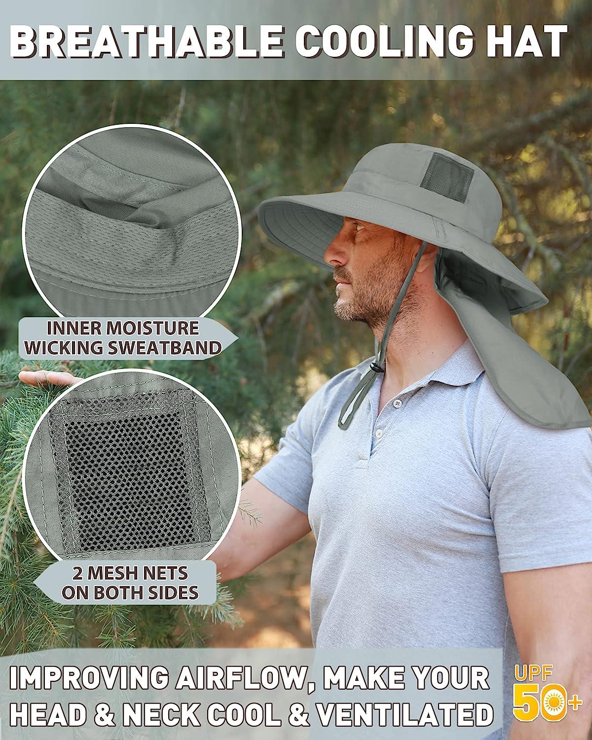 Mens Wide Brim Sun Hat with Neck Flap Fishing Safari Cap for