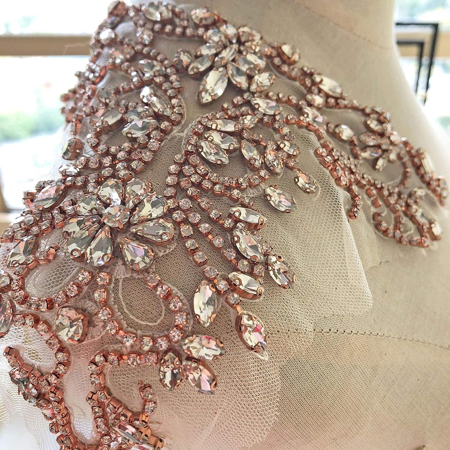 Sparkle Rhinestone Applique Wedding Dress Accessories Beaded Patch V-Neck  Crystal Neckline Rose Gold Color