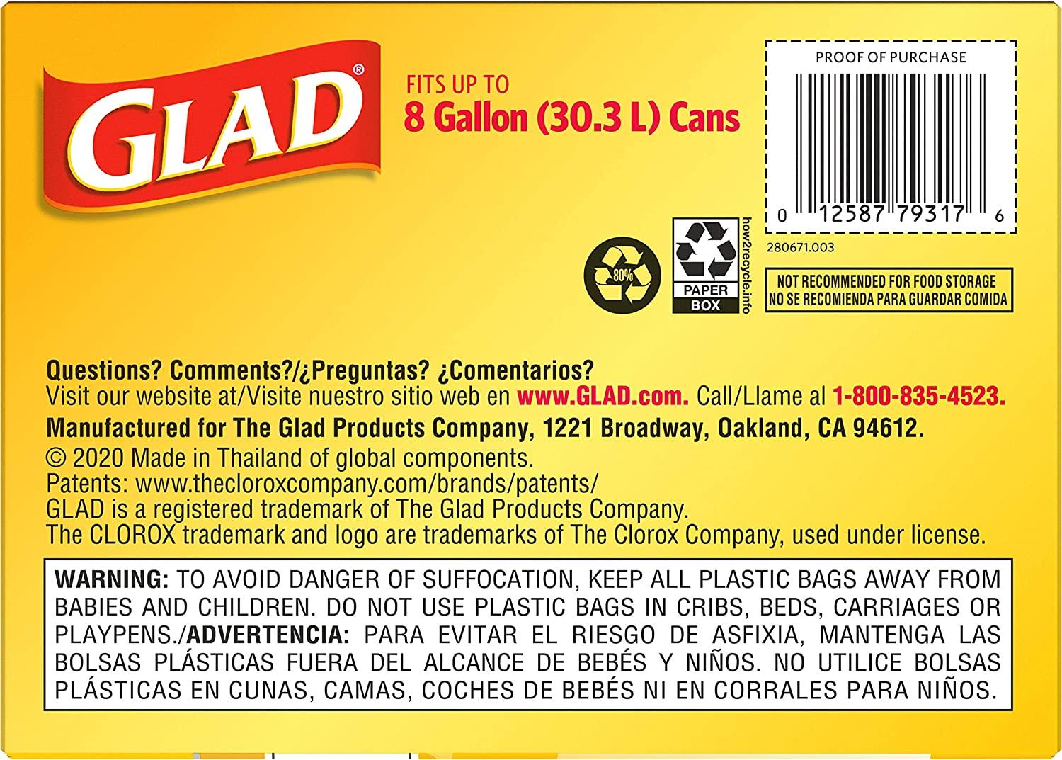 Glad Medium Drawstring Trash Bags with Clorox, 8 Gallon, Lemon Fresh Bleach  Scent, 80 Count