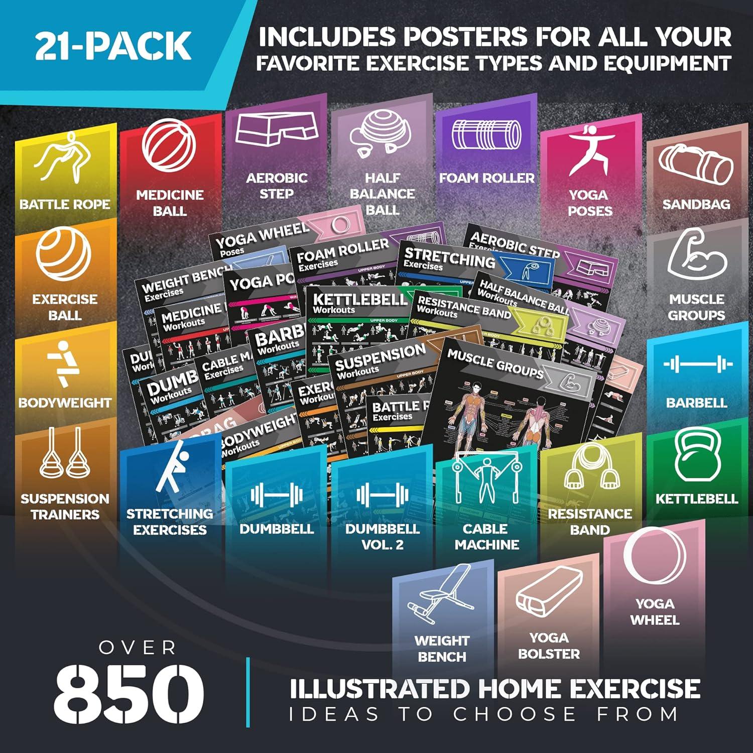 21-PACK] Laminated Large Workout Poster Set - Perfect Workout