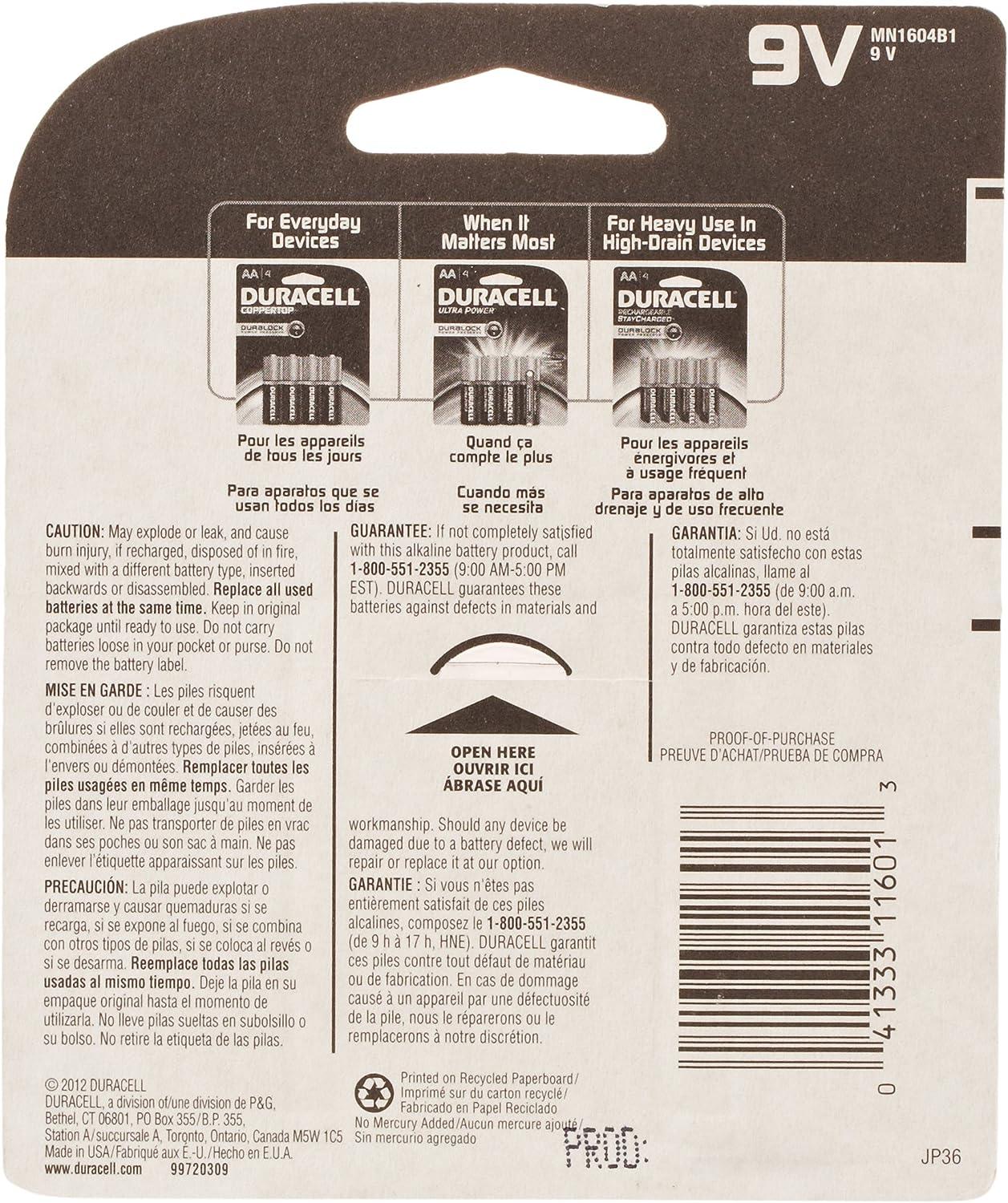 Duracell Alkaline 9V Batteries, pack of 1