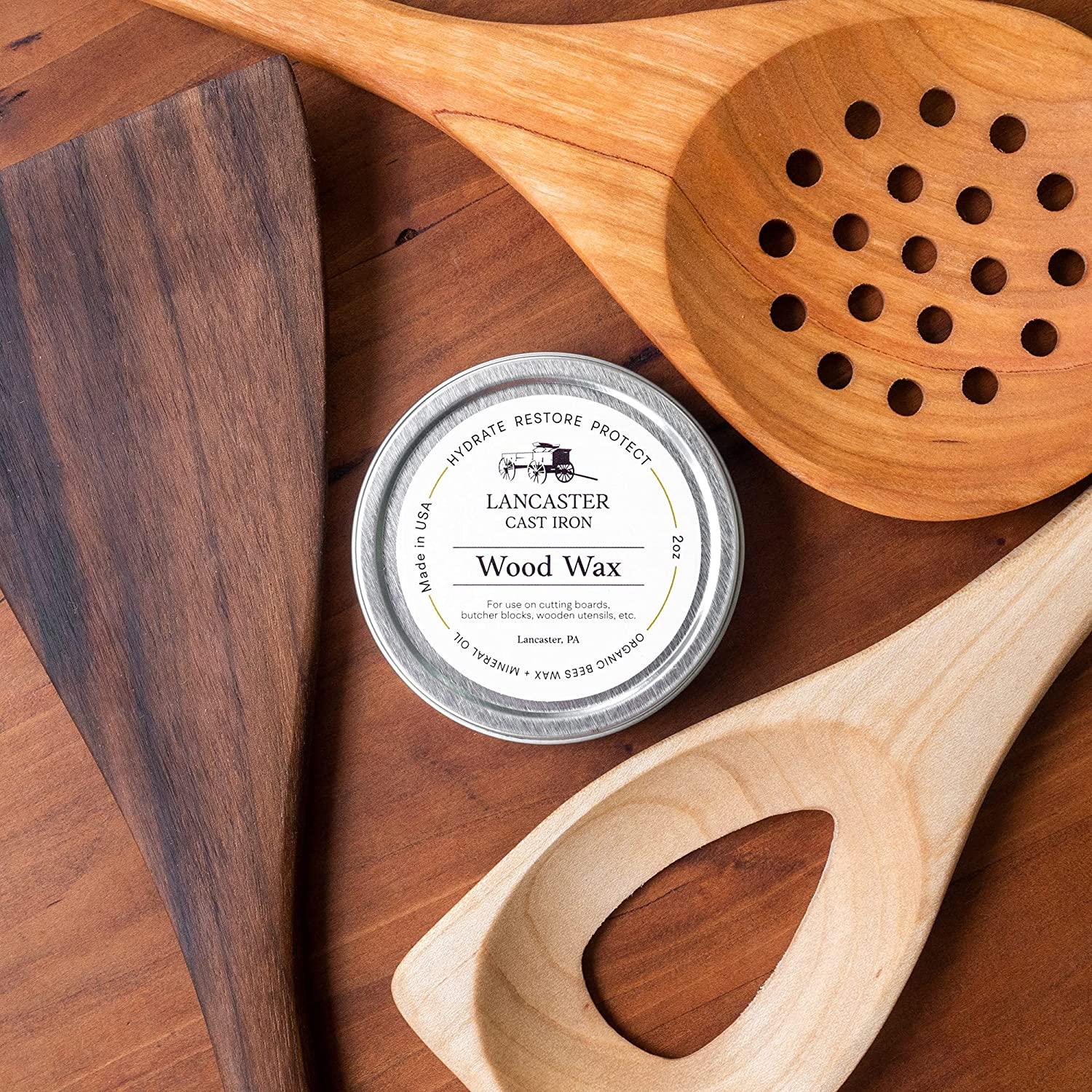 Lancaster Cast Iron Wood Wax for Spoons, Cutting Boards, and Butcher Blocks - 2 oz Beeswax and Mineral Oil Conditioner and Wood Butter - Made in USA