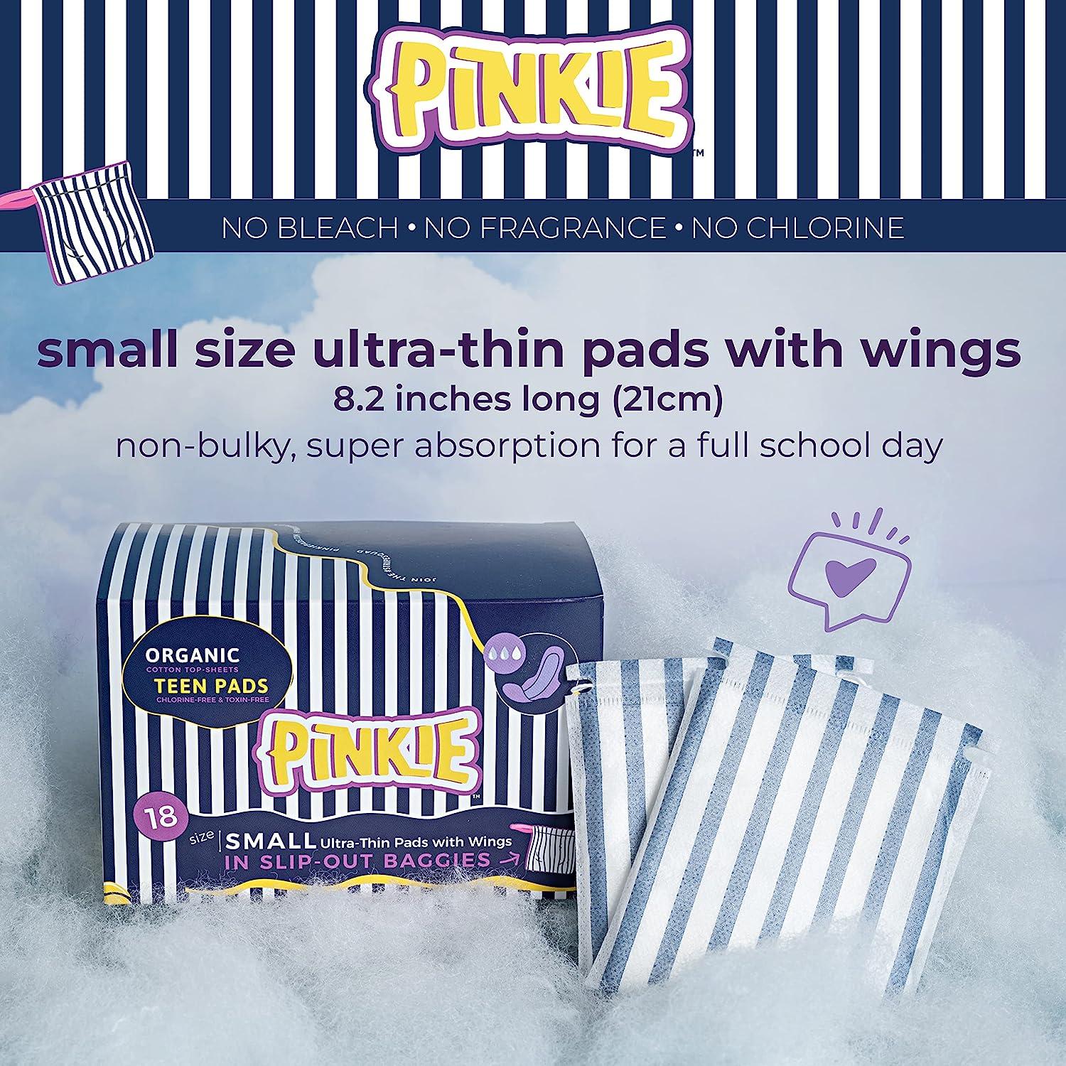 Pinkie Period Pads for Tweens & Teens - Designed for Smaller Underwear -  Organic Cotton Topsheet Teen Pads with Wings - Bleach Free & Chlorine Free  - Teen Small, 18 Count