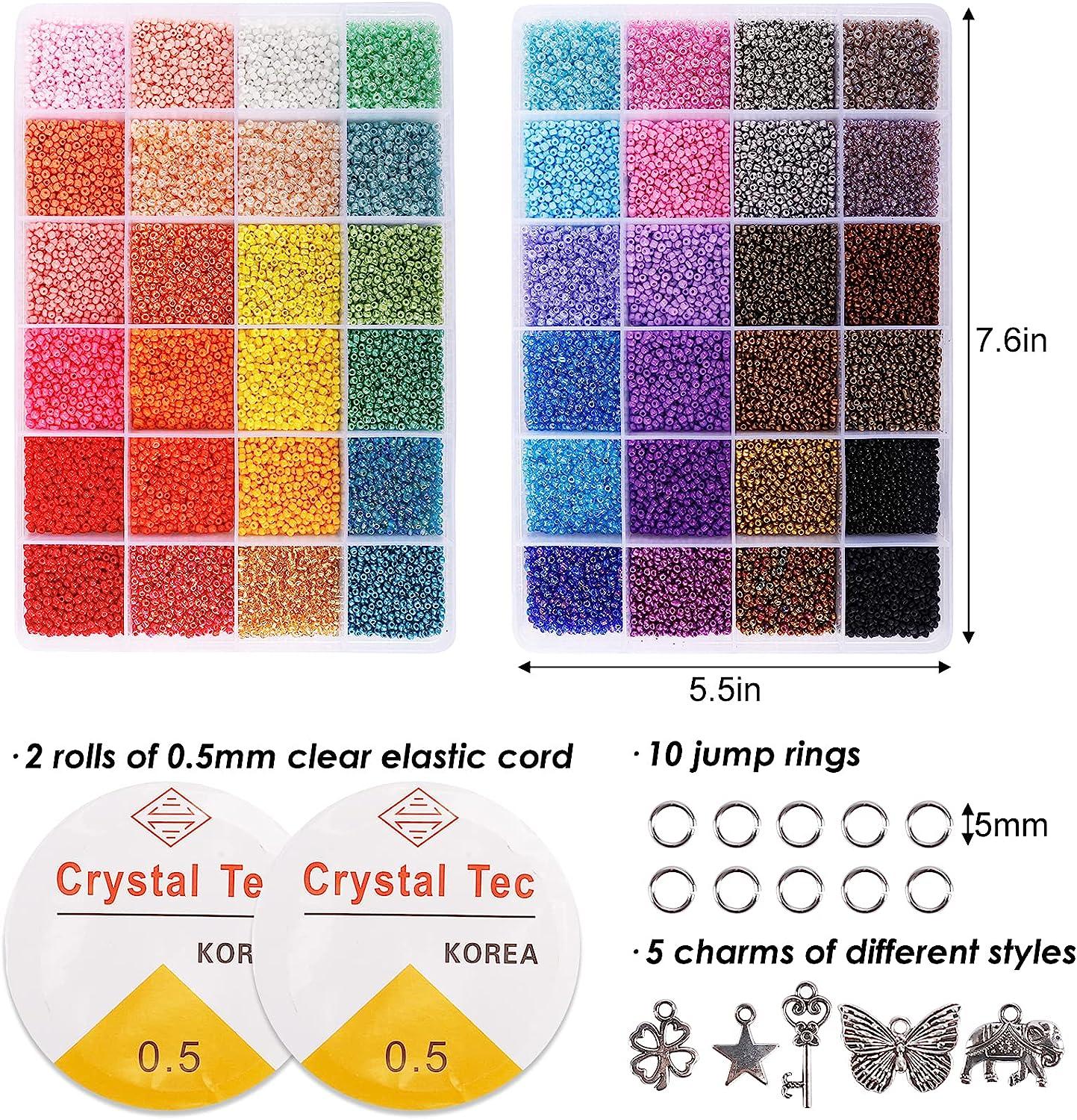 QUEFE 44000pcs 2mm 12/0 Glass Seed Beads for Bracelet Making Kit 48 Colors  Small Beads Craft Beads Kit for Jewelry Making with 2 Storage Boxes Charms  Jump Rings and Clear Elastic String Cord