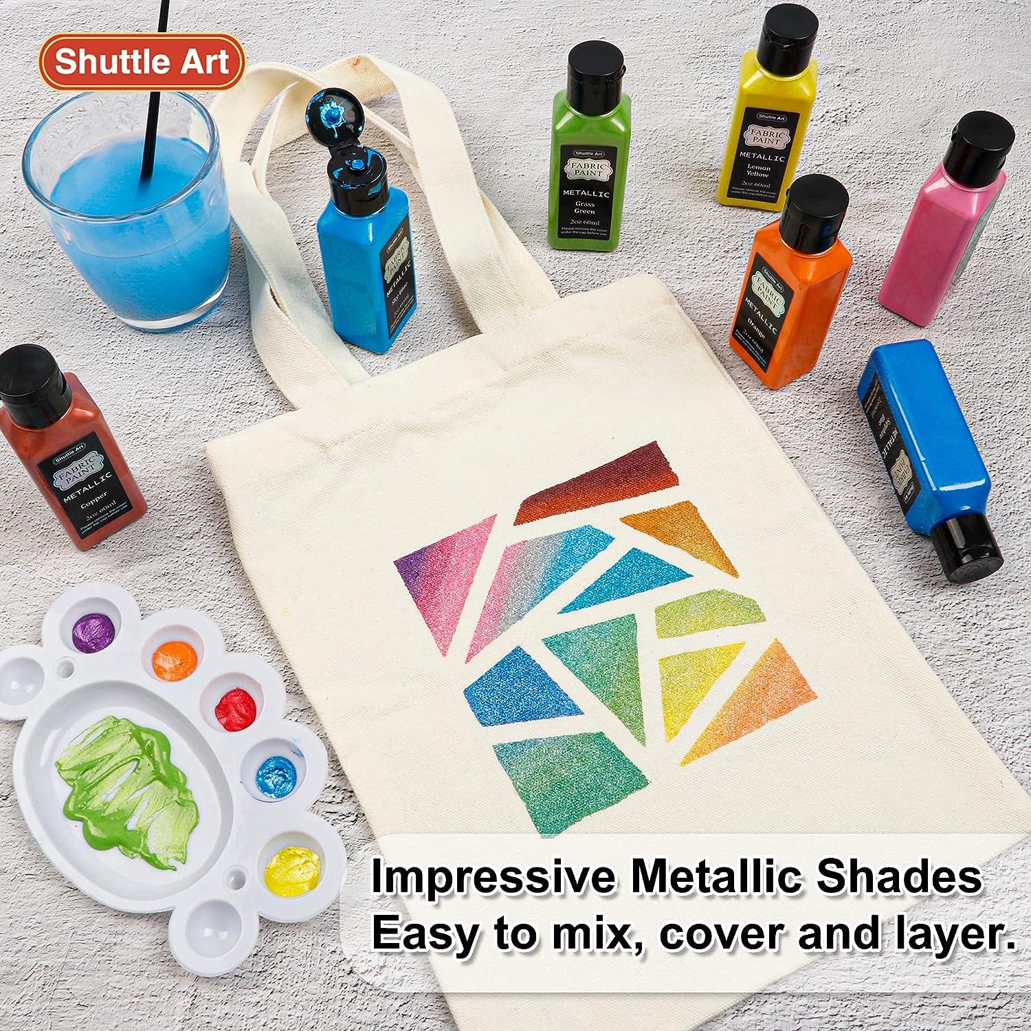 Metallic Fabric Paint, Shuttle Art 18 Metallic Colors Permanent Soft Fabric Paint in Bottles (60ml/2oz) with Brush and Stencils, Non-Toxic Textile