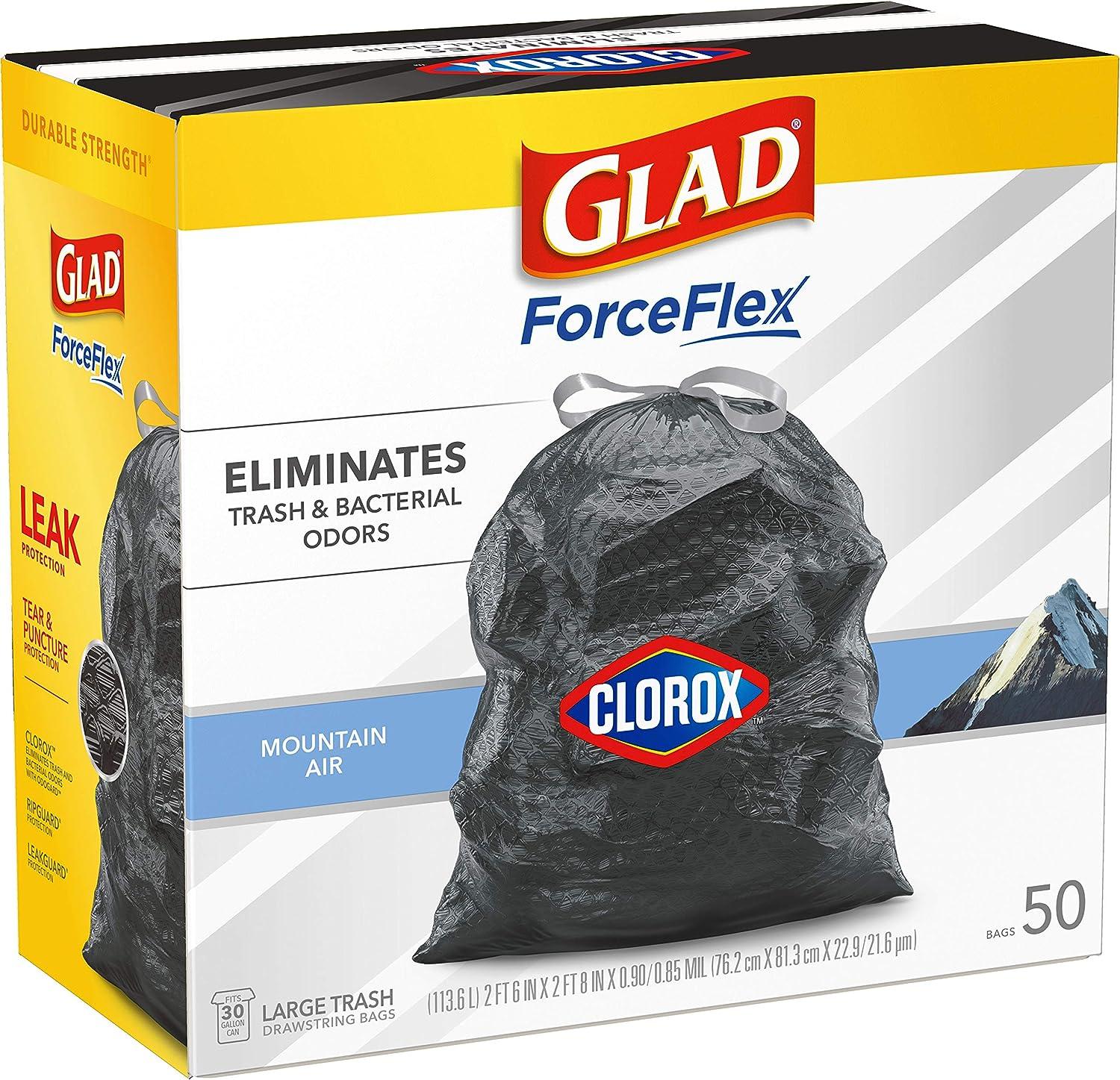 Glad ForceFlex Drawstring Trash Bags, 30 Gallons, Black, 25 bags