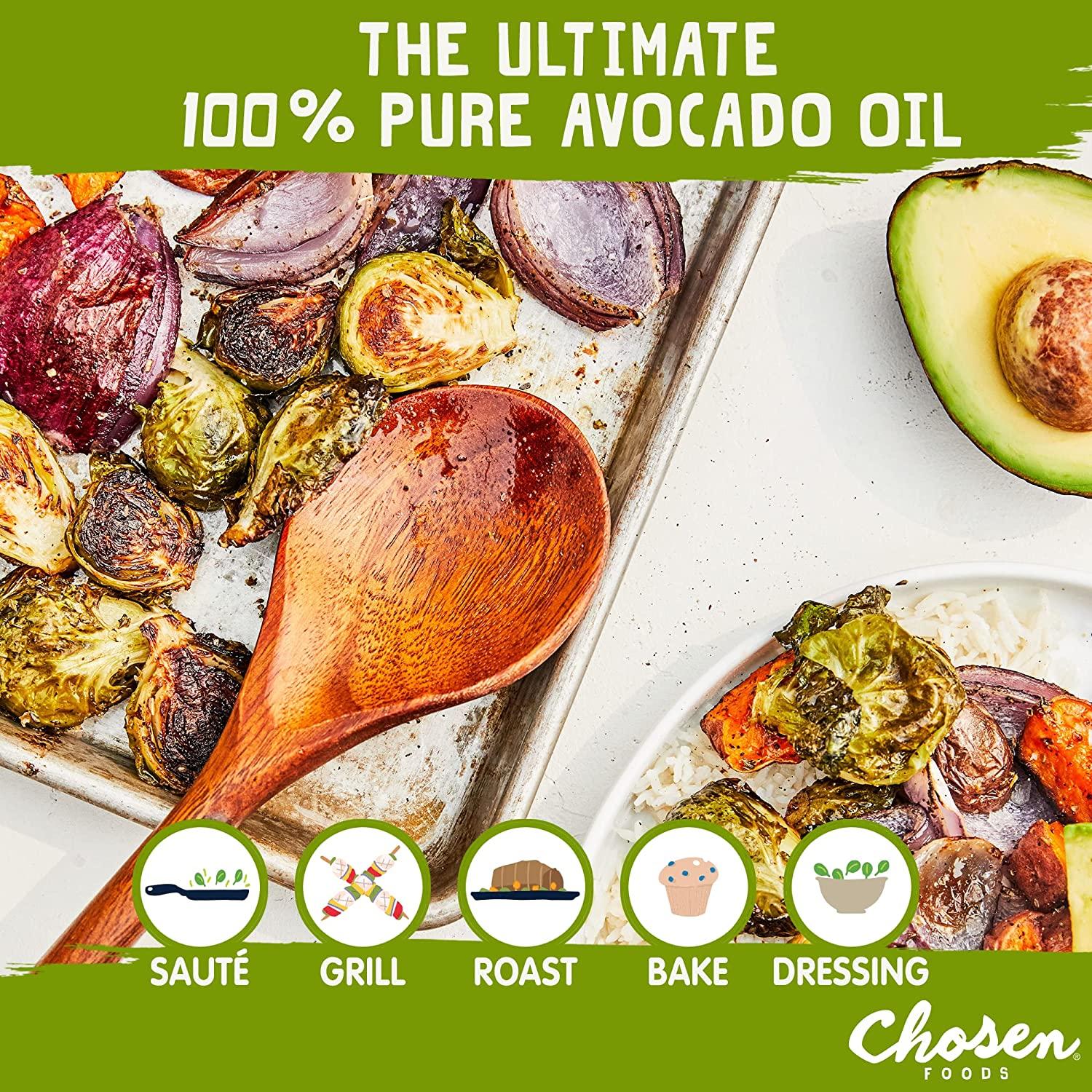 Chosen Foods 100% Pure Avocado Oil, Keto and Paleo Diet Friendly, Kosher Oil  for Baking, High-Heat Cooking, Frying, Homemade Sauces, Dressings and  Marinades (25.4 fl oz, 2 Pack) 25.4 Fl Oz (Pack of 2)