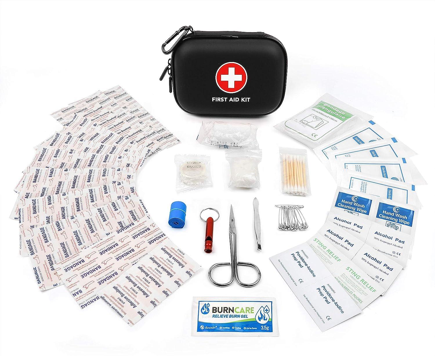Mini First Aid Kit, 100 Pieces Water-Resistant Hard Shell Small Case -  Perfect for Travel, Outdoor, Home, Office, Camping, Hiking, Car (Black)