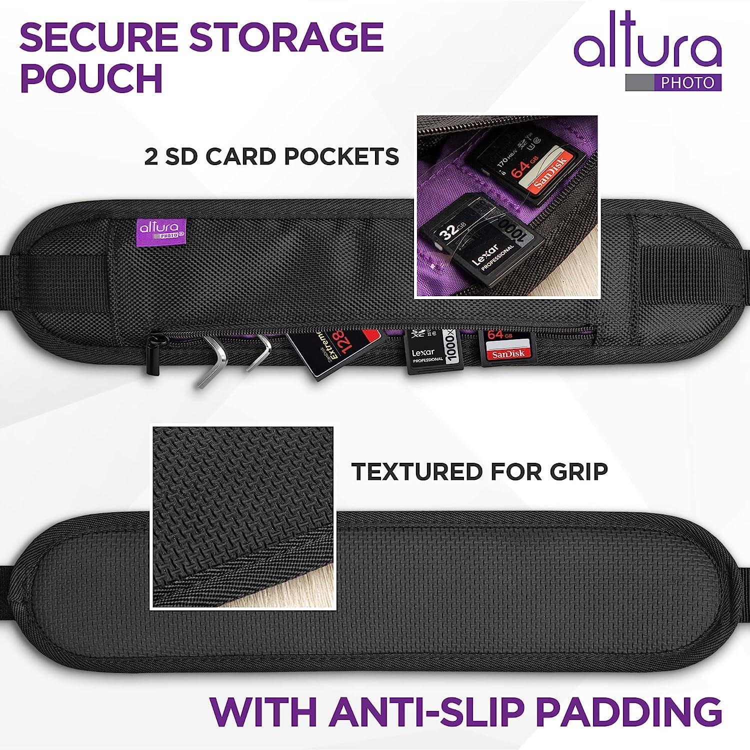 Adjustable Camera Strap w/ Cushioned Neoprene & Storage Pockets - Black