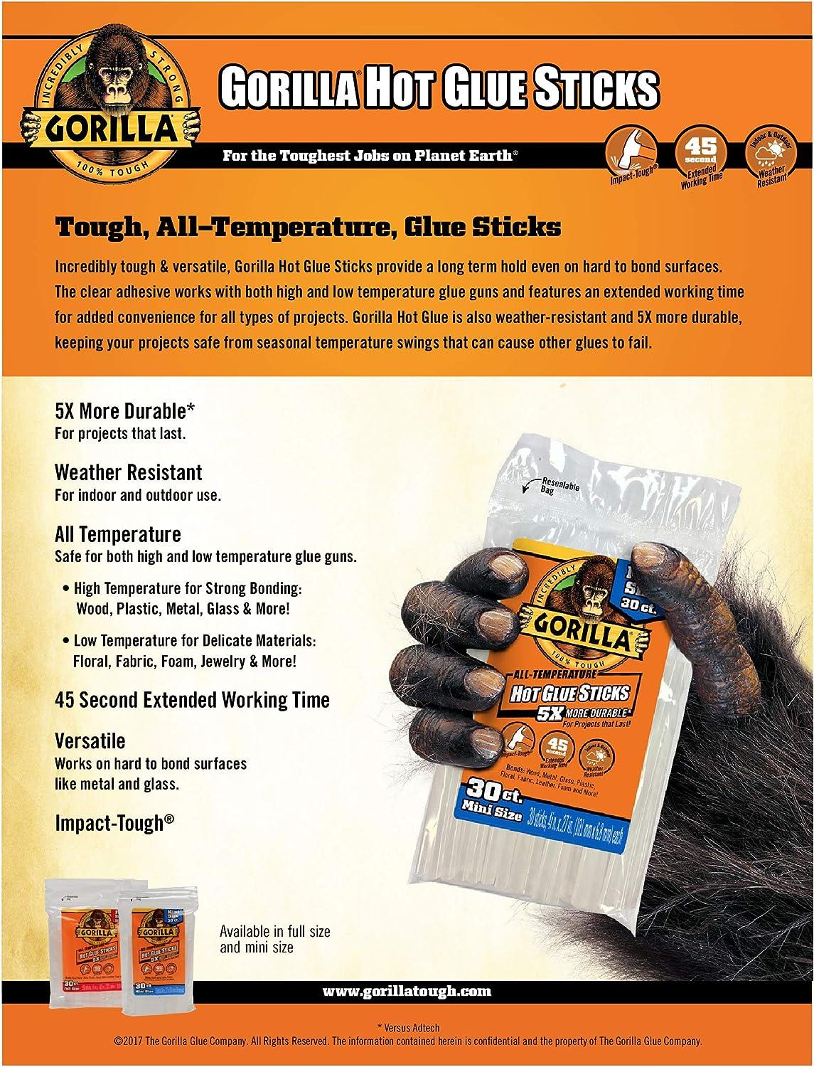 Gorilla Hot Glue Sticks, Mini Size, 4 Long x .27 Diameter, 30 Count,  Clear, Pack of 3 