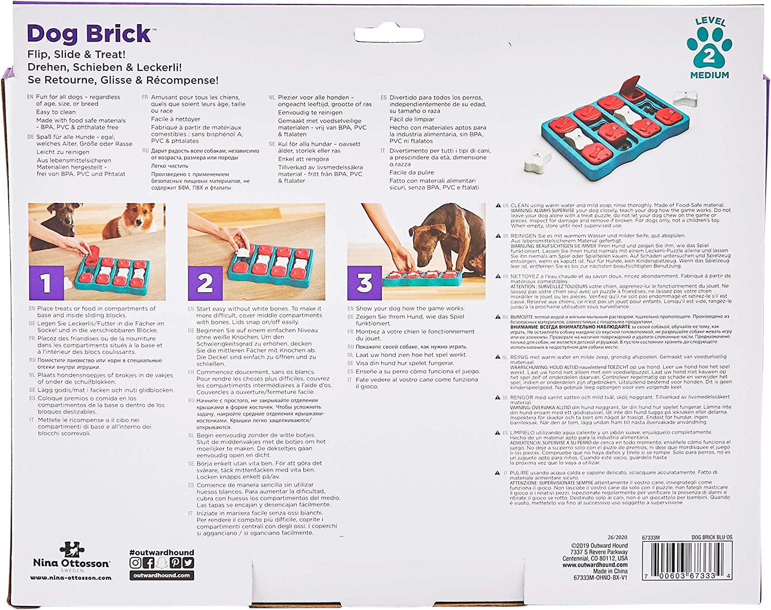 Outward Hound Nina Dog Brick Interactive Treat Puzzle Dog Toy, Blue,  One-Size 