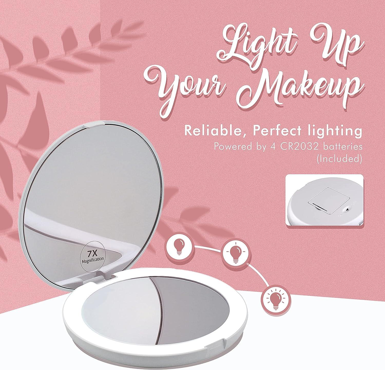 MIRRORVANA LED Lighted Travel Mirror with 7X/1X Magnification - Light Up Compact Makeup Mirror - Small Portable Circle Mirror for Pocket or Purse - 5