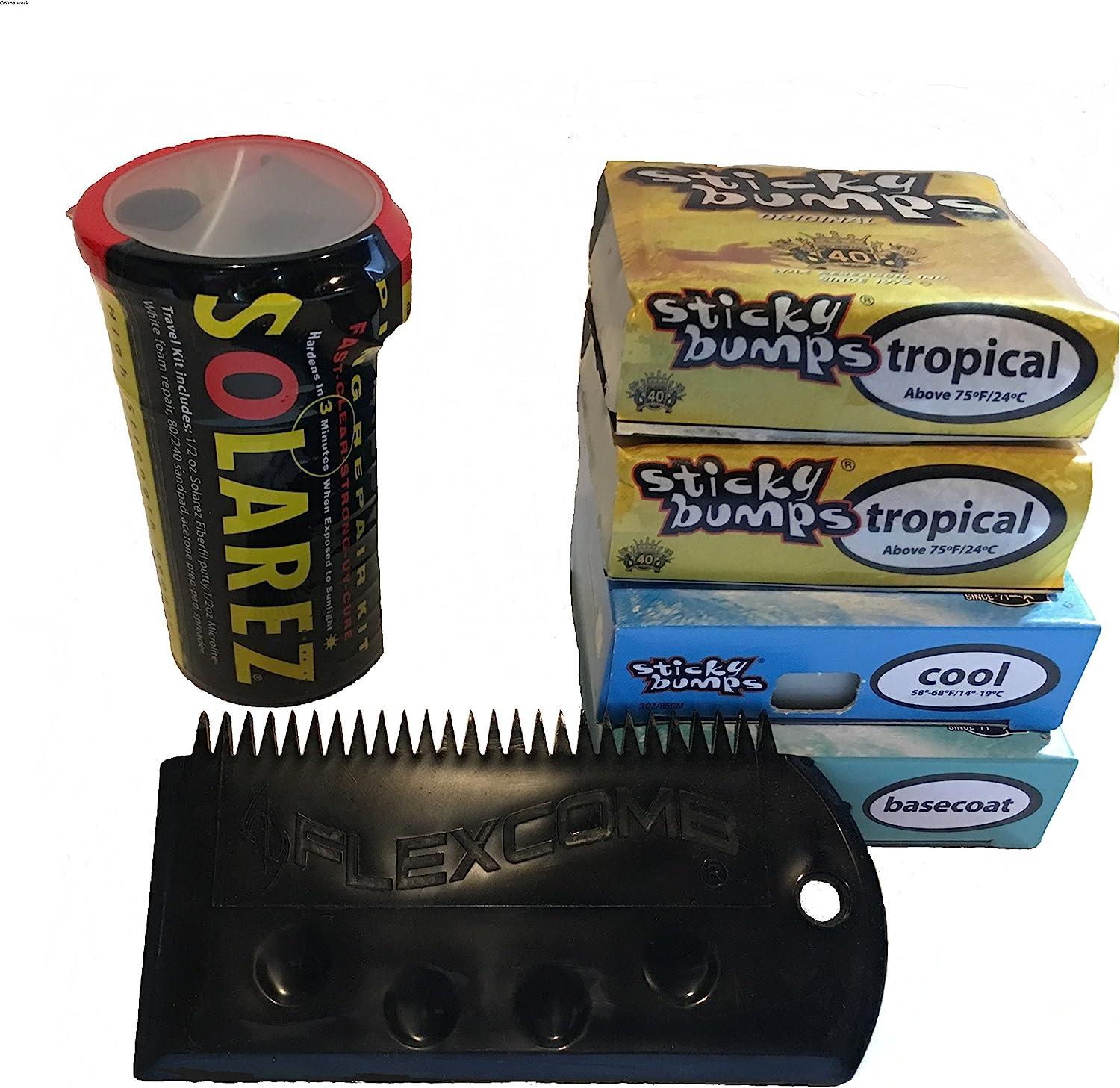 Sticky Bumps Wax plus Solarez UV Cure Resin Ding Repair Kit and 2 Bars of  Tropical
