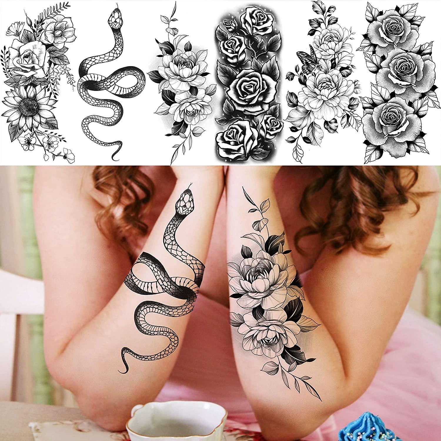 Tattoo Sticker Kits,6 sheets Rose & Letter Graphic Tattoos For  Children,Tattoo Stickers Adults,Realistic Tattoo Rose ,For Women and Girls