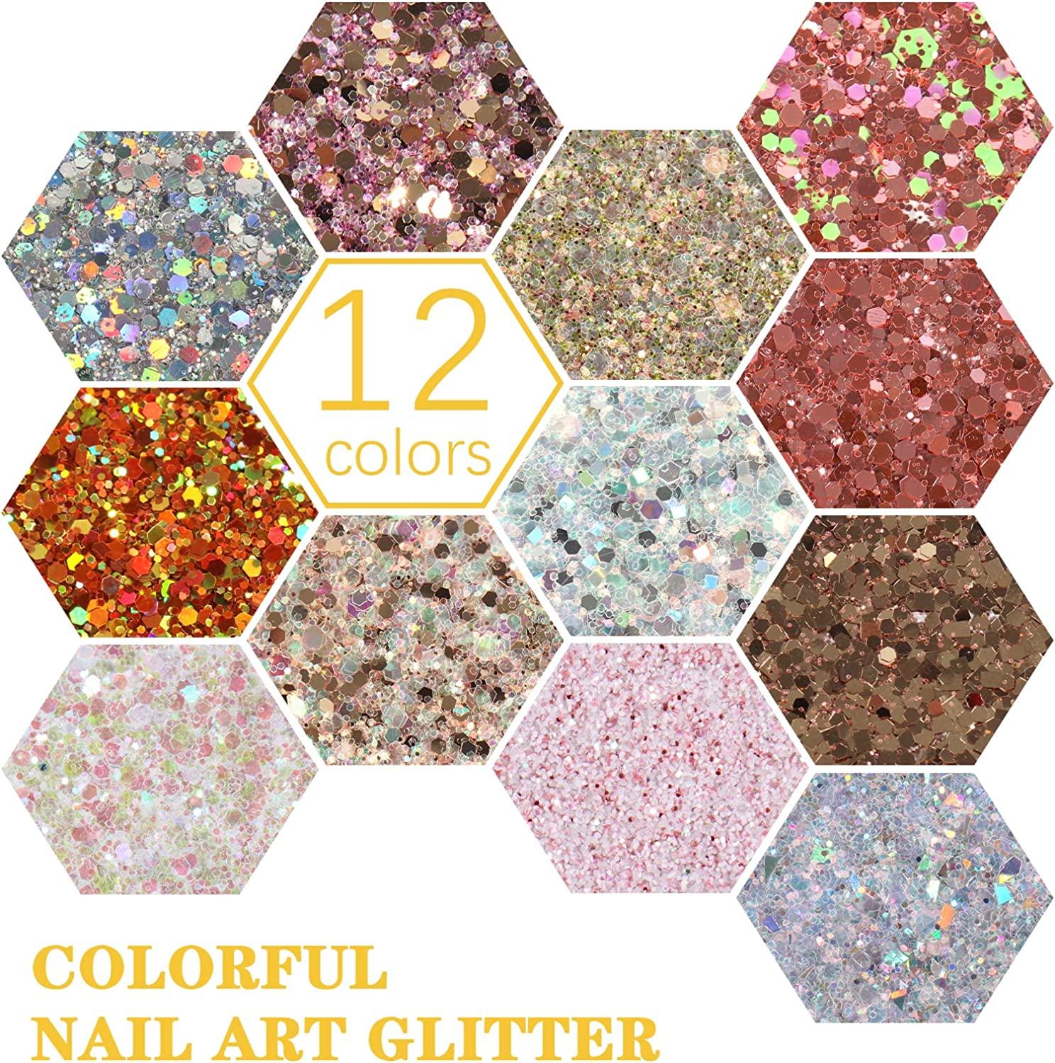 12 Color Flash Laser Chunky Nail Glitters 50g/Bag Bulk Mixed Hexagon Flakes  Gloss GLITTERS for Nail Polish Decoration Art*-PD0Y*