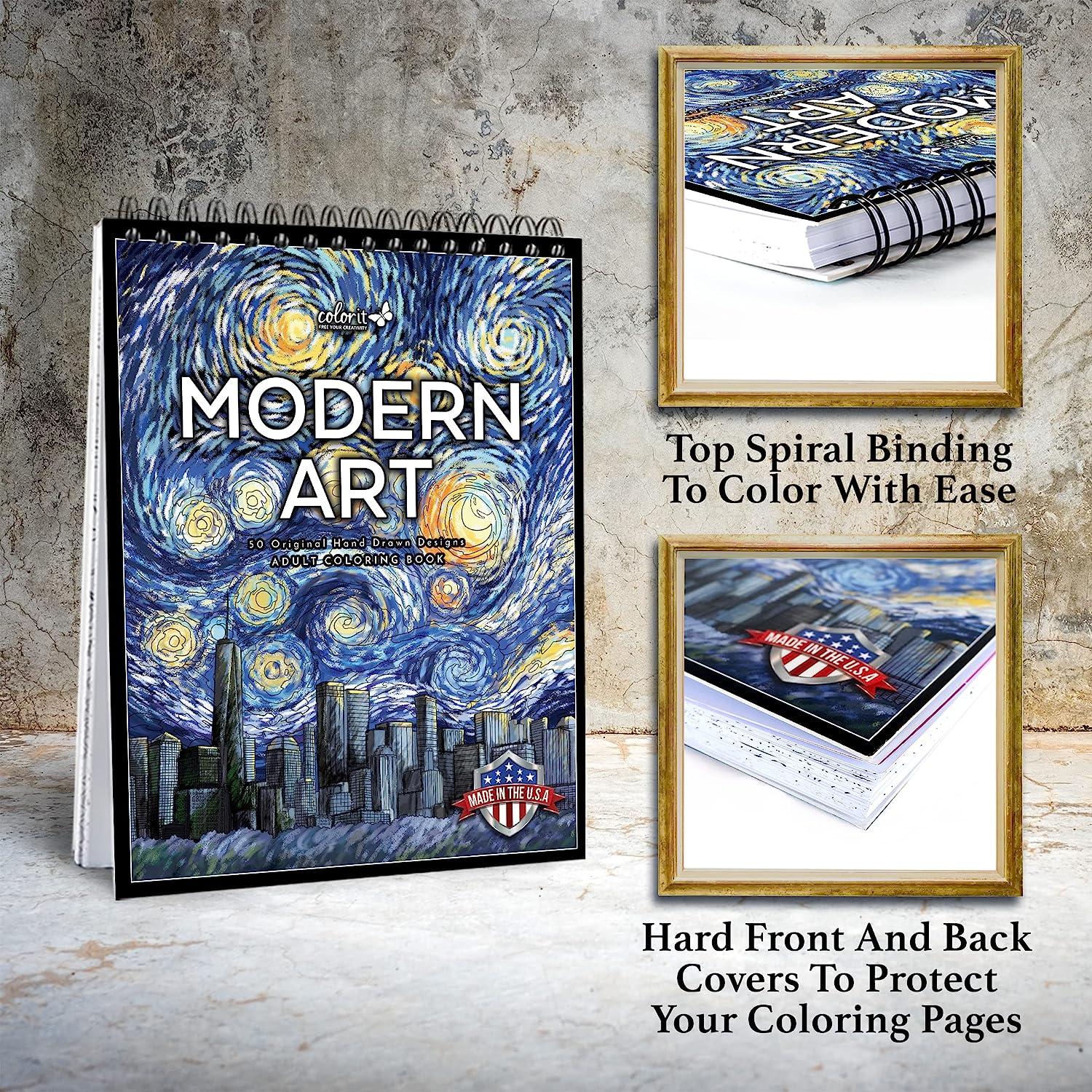 ColorIt Modern Art Adult Coloring Book for Stress Relief, 50 Drawings  Inspired by Famous Paintings, Smooth and Thick Paper, Spiral Binding, USA  Printed, Lay Flat Hardback Book Cover, Ink Blotter Paper