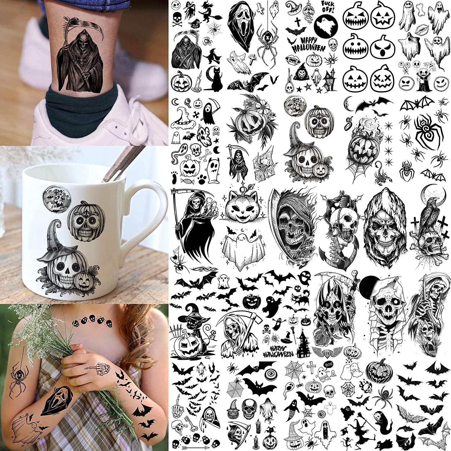 Amazon.com : Shegazzi 52 Sheets Halloween Temporary Tattoos For Kids Boys  Girls Women Men, 3D Scary Skull Skeleton Fake Tattoos Sticker For Adults,  Small Ghost Vampire Bat Pumpkin Spider Temp Transfer Tatoos