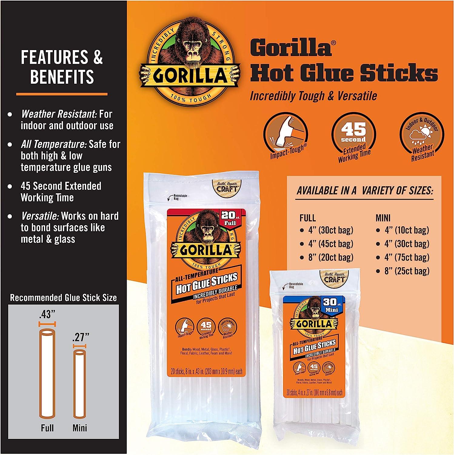 Gorilla Hot Glue Sticks, Full Size, 4 Long x .43 Diameter, 30 Count,  Clear, (Pack of 2)