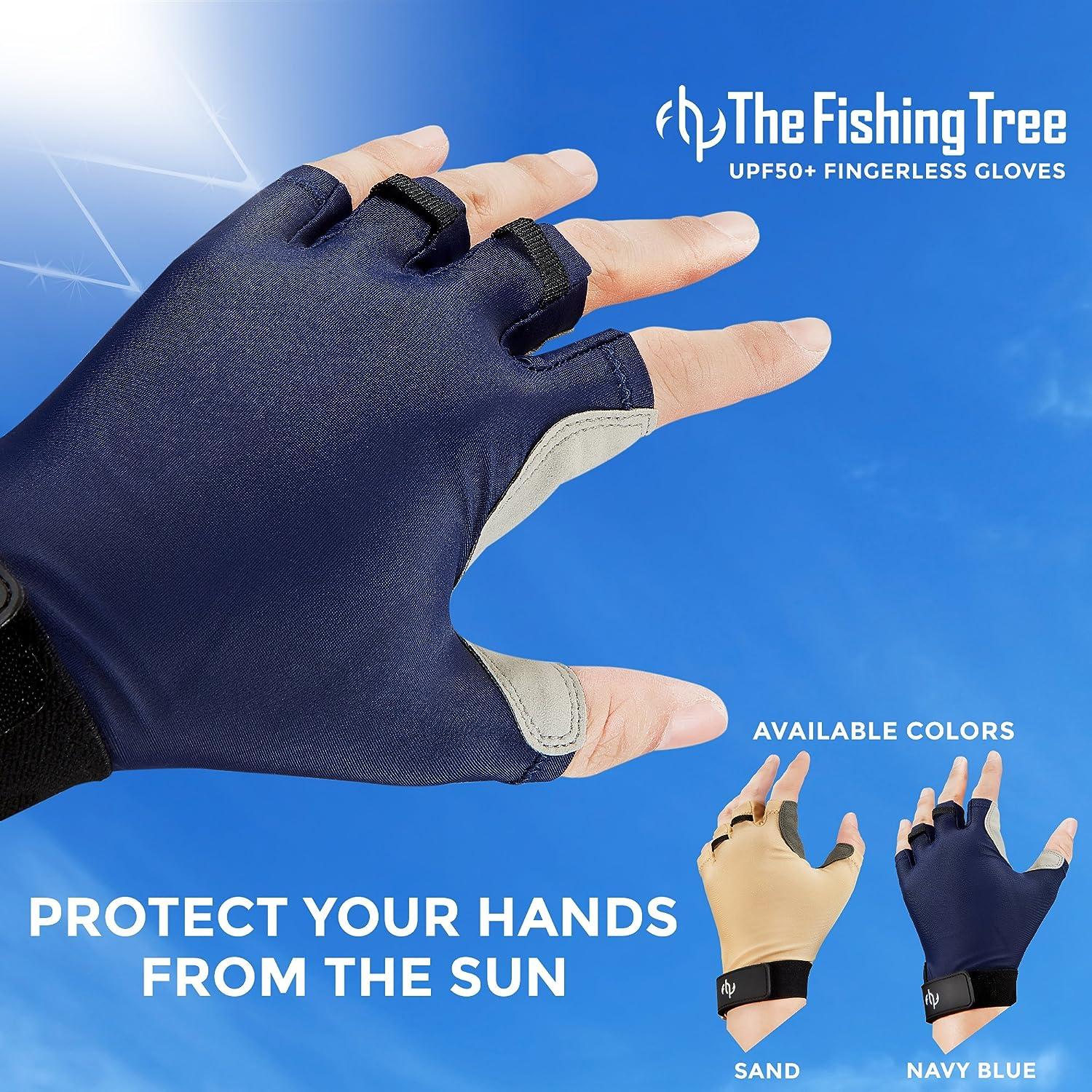 The Fishing Tree Fingerless Fishing Gloves, Certified Sun Protection UPF50+  Block, Kayak, Hiking, Paddling, Sailing, Rowing, Driving, Protect Hands  from Sun Damage, Chemical Free Adventure Navy Medium