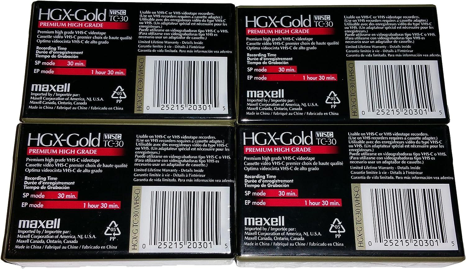 Maxell VHS-C TC-30 HGX Gold Blank Cassettes - Pack of 4 Cassettes