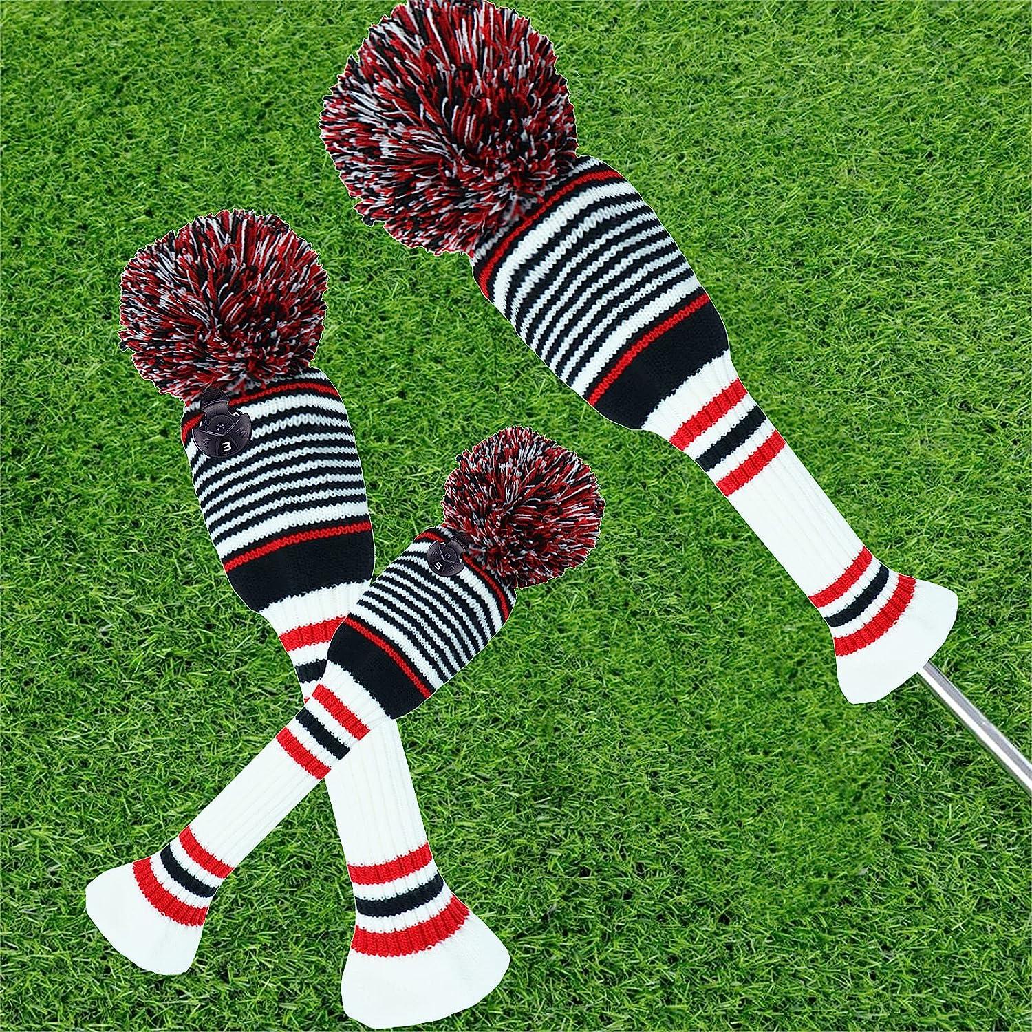 Golf Club Head Covers Knit for Woods Driver Fairway Hybrid Head Cover  Knitted Pom Pom Stripes Pattern for Main Wood Clubs