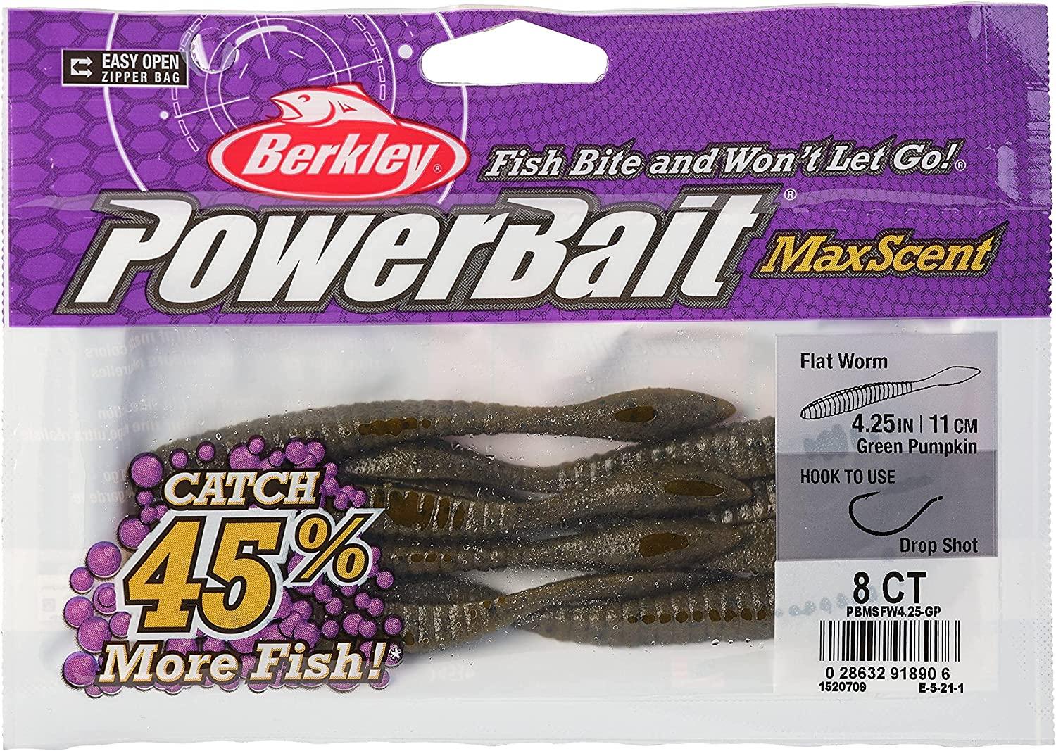 Berkley PowerBait MaxScent Fishing Soft Bait Powerbait Maxscent Flat Worm  Green Pumpkin 4 1/4