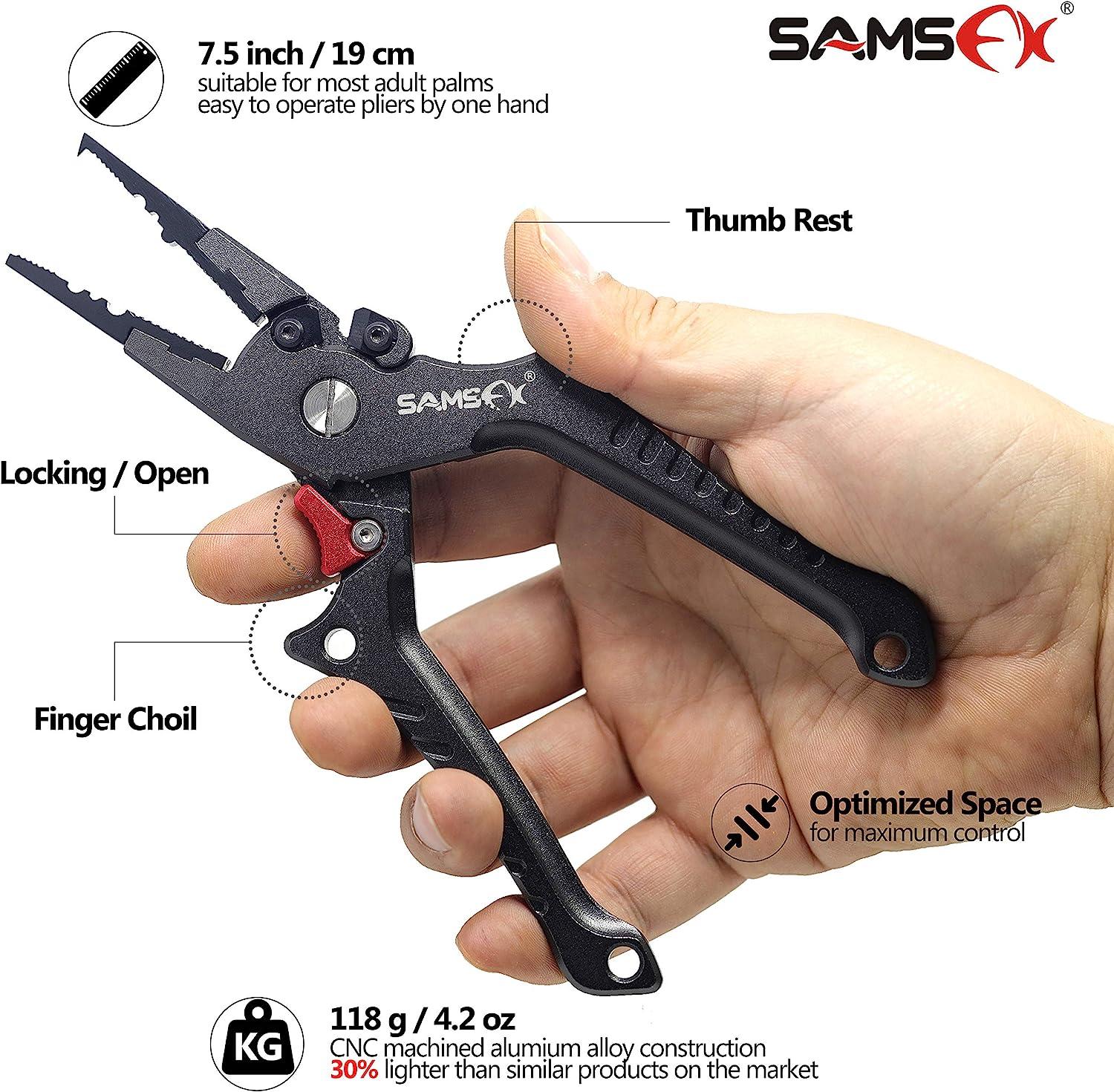 SAMSFX Aluminum Fishing Pliers Hook Remover Braid Line Cutter with Coiled  Lanyard, Fly Fishing Knot Tying Tool & Retractors 7'' Split Ring Nose, Gray  Handle
