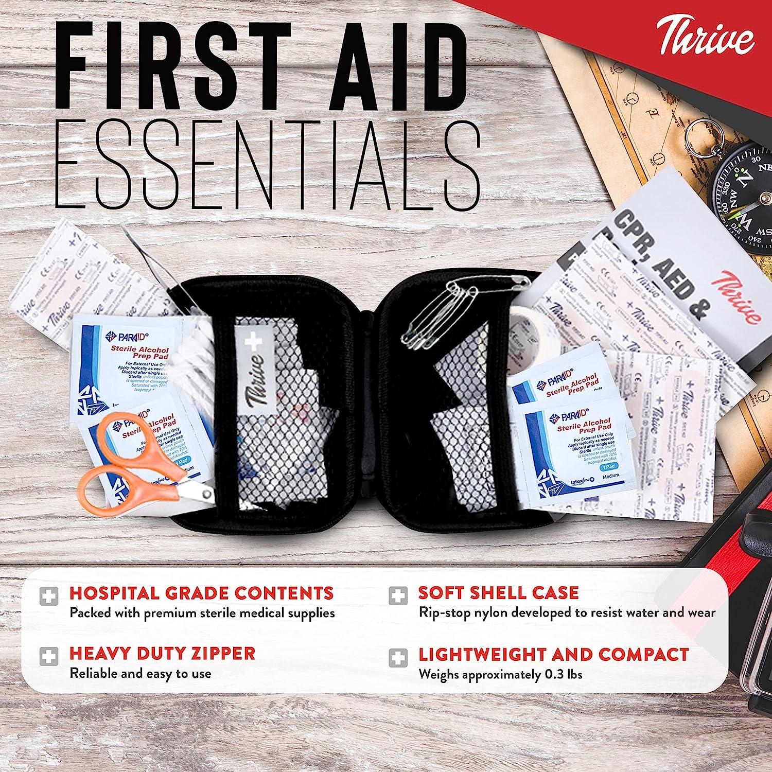 Thrive Travel Essentials Small First Aid Kit - 100 FSA HSA Approved  Products Includes Multi-Sized Bandage, Wipes, Safety Pins, and More (Shell)