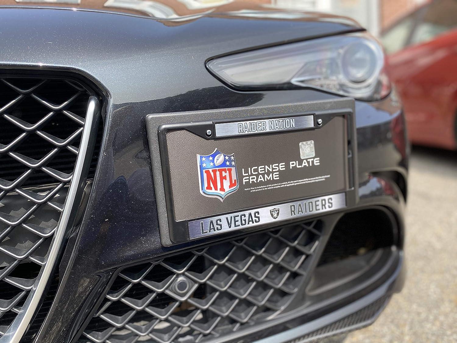 Las Vegas Raiders NFL Premium Black Zinc Alloy Team License Plate Frame - 4  Screw Tag Holder with Graffiti Style Lettering - Black Background and Team