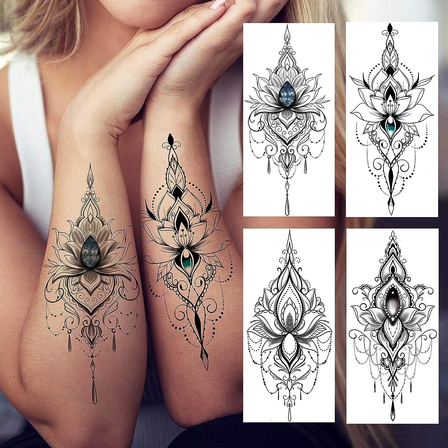 Jung Tribal Lotus Floral Flower with Chinese Script Temporary Tattoo –  MyBodiArt