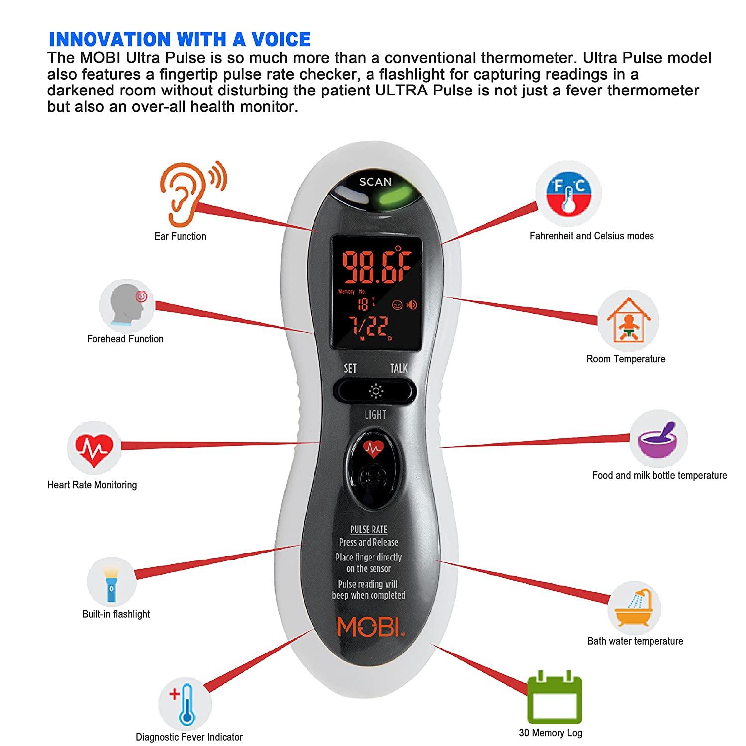 MOBI - Ultra Pulse Digital Thermometer - Ear & Forehead indicator Pulse  Rate Monitor Flashlight - Talking Digital Fever Monitor for Baby Kids &  Adult