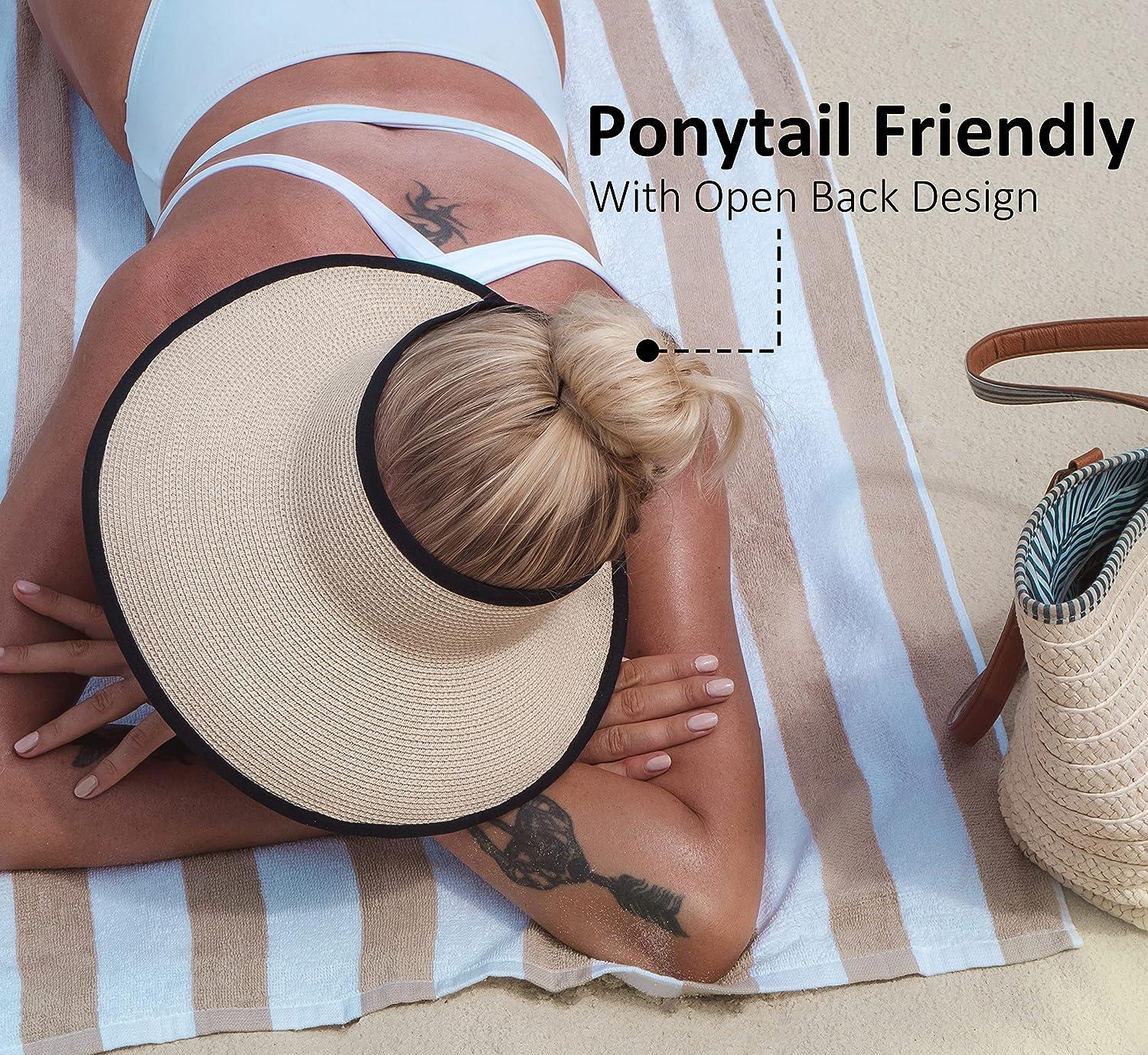 Joywant UPF50+ Wide Brim Visor Hat for Women, Straw Beach Sun Hat Sun Visor  Roll-up Foldable Ponytail with UV Protection-Amia Beige