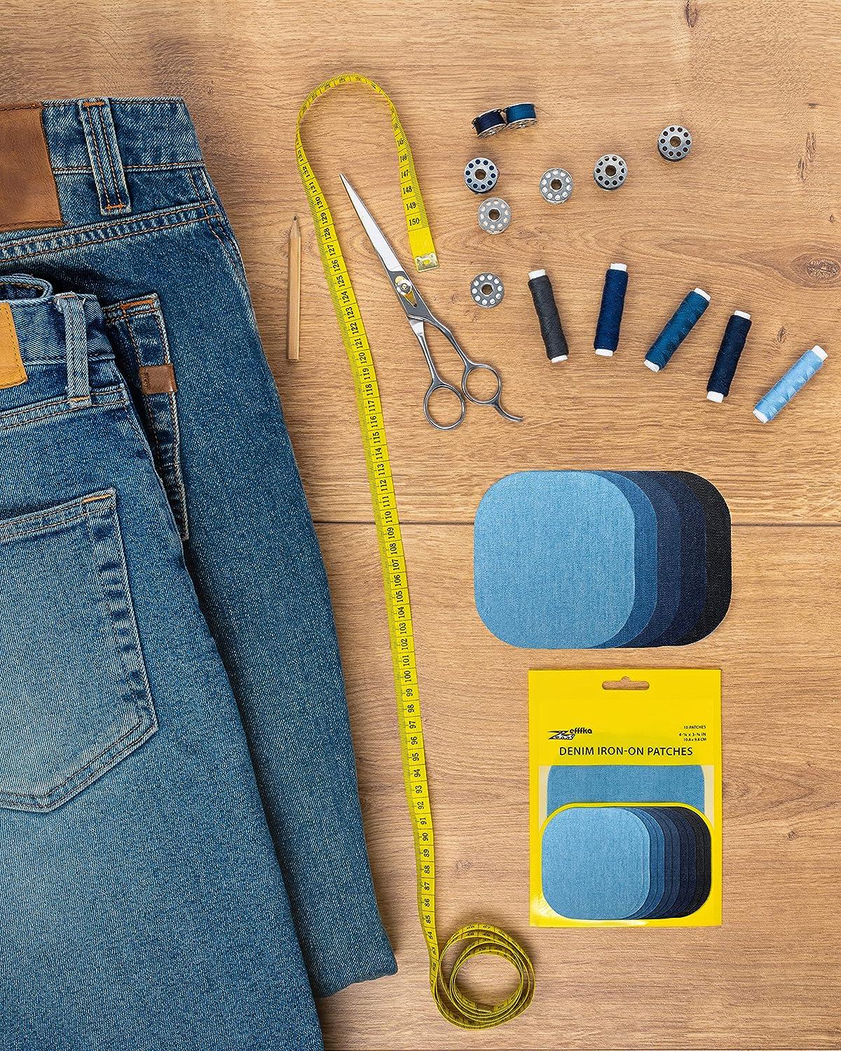 ZEFFFKA Premium Quality Denim Iron-on Jean Patches Inside & Outside  Strongest Glue 100% Cotton Assorted Shades of Blue Black Repair Decorating  Kit 10 Pieces Size 4-1/4 by 3-3/4 (9.8 cm x 10.8 cm)