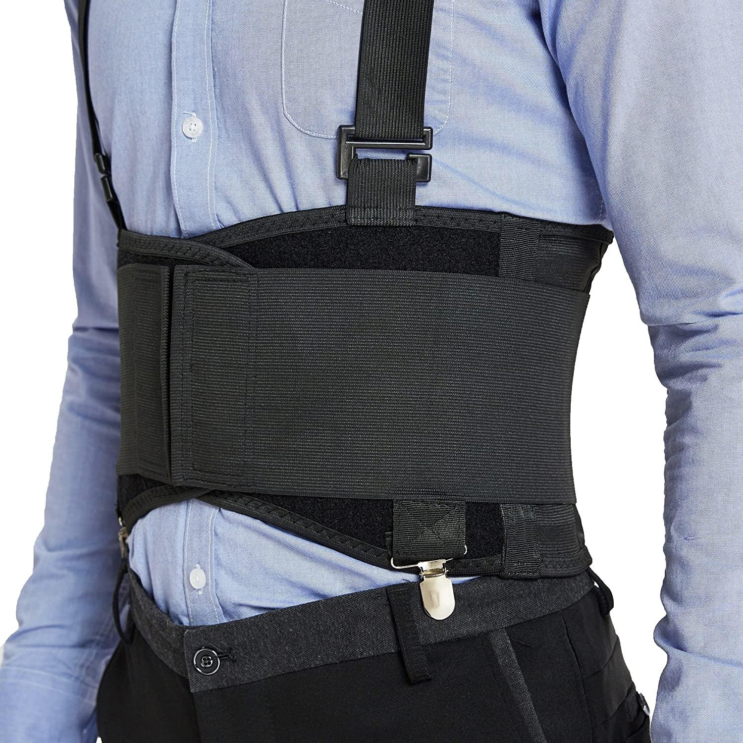 NeoTech Care Lumbar Brace with Removable Pants Clips & Detachable Suspenders  - Back Support Belt - Adjustable, Light, Breathable - Shoulder Holsters -  Work, Posture - Black (Size L) Large (Pack of 1)