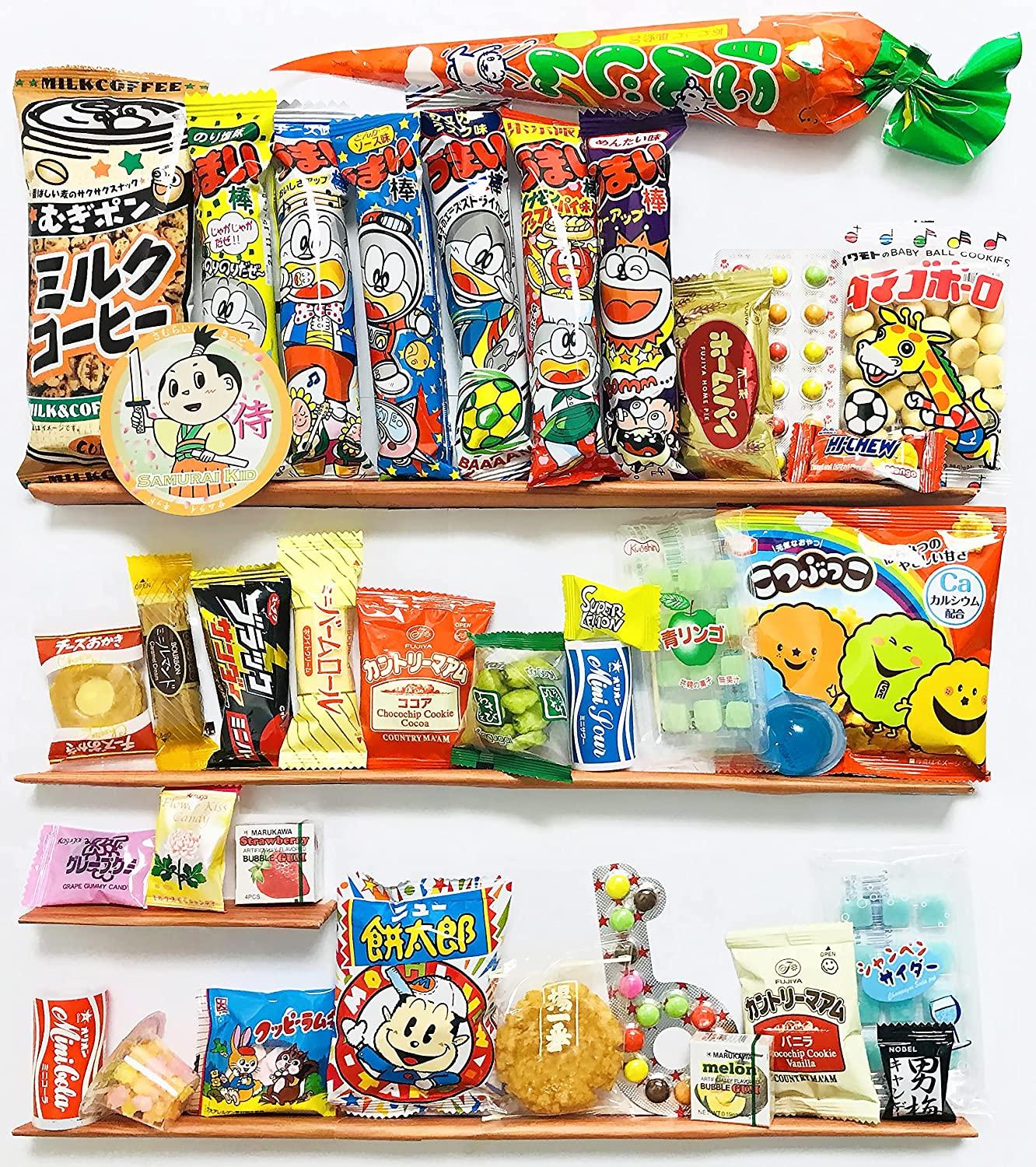 Samurai Dagashi Set, Japanese Snack Assortment 36pc with Samurai Kid Sticker