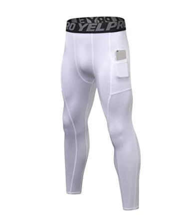 ABTIOYLLZ Men's Compression Pants Athletic Leggings Pockets/Non Pockets  Sports Active Baselayer Tights 1 Pack # White
