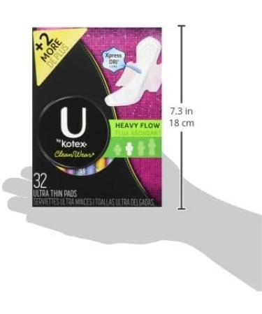 U by Kotex Cleanwear Ultra Thin Pads with Wings Heavy Flow 32 Count Heavy  Flow 32 Count (Pack of 1)