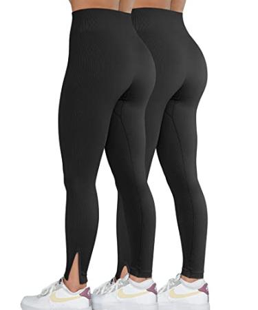 OQQ Women's 2 Piece Butt Lifting Yoga Leggings Workout High Waist Tummy  Control Ruched Booty Pants Black Grey Medium