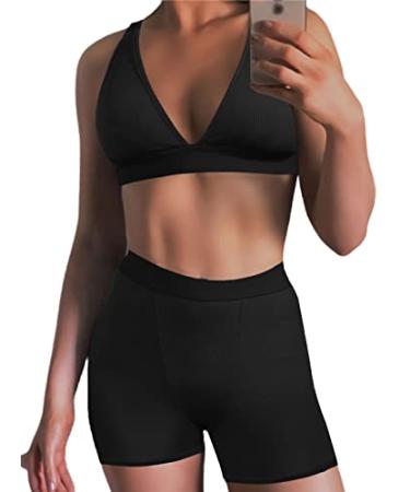 Women's Workout Outfit 2 Pieces High Waist Bodycon Yoga Leggings and  Sleeveless Crop Top Gym Clothes