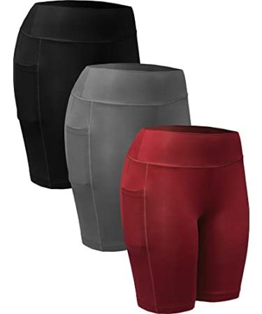NELEUS Women's Workout Compression Yoga Shorts with Pocket Small 9005# 3 Pack black/Grey/Red