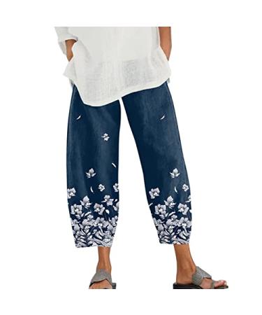 Linen Cropped Pants Women,Women's Casual Summer Capri Pants Cotton Linen  Print Wide Leg Ankle Pants with Pockets P02-navy Small